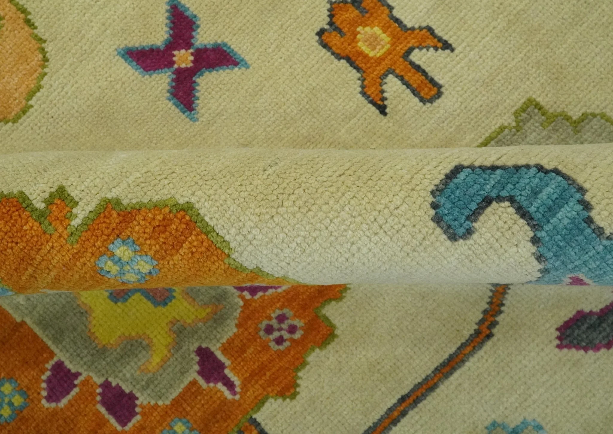 Vibrant Colorful Beige, Silver, Orange and Mustard Hand Knotted 9x12 Wool Area Rug - Image 6