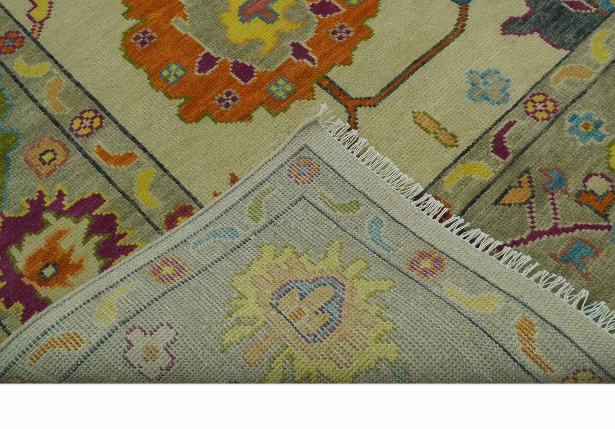 Vibrant Colorful Beige, Silver, Orange and Mustard Hand Knotted 9x12 Wool Area Rug - Image 7