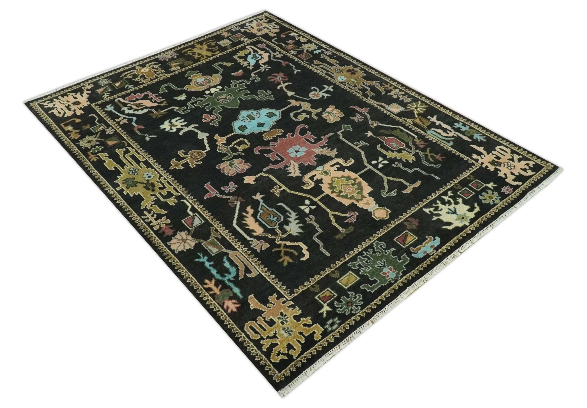 Vibrant Colorful Black 8x10 Hand Knotted Traditional Oushak wool area rug - Image 10