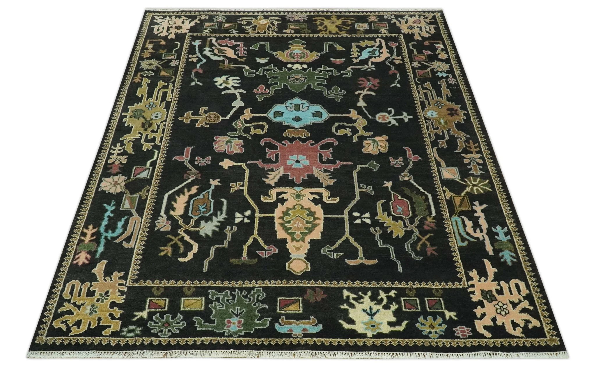 Vibrant Colorful Black 8x10 Hand Knotted Traditional Oushak wool area rug - Image 11
