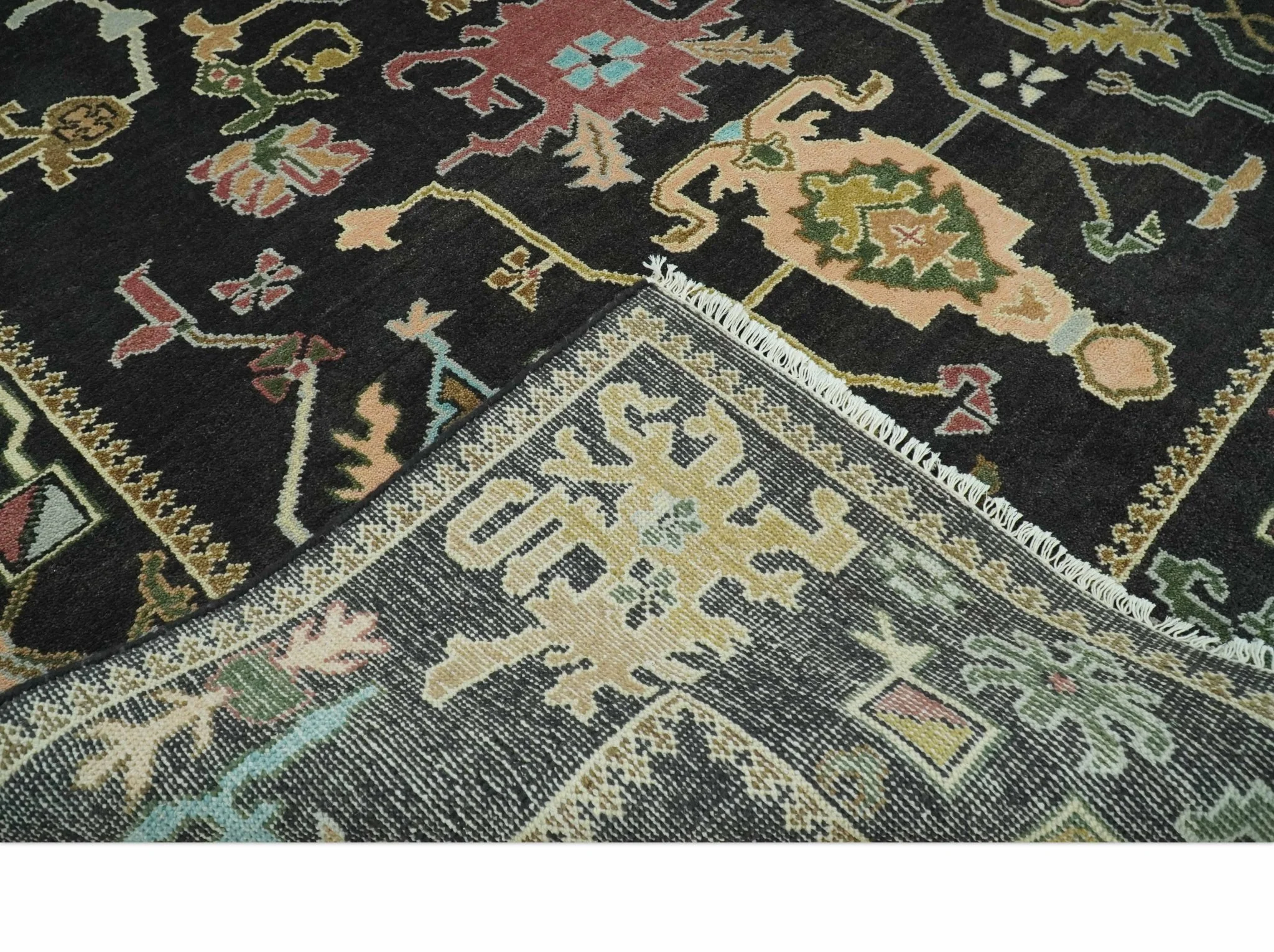 Vibrant Colorful Black 8x10 Hand Knotted Traditional Oushak wool area rug - Image 7