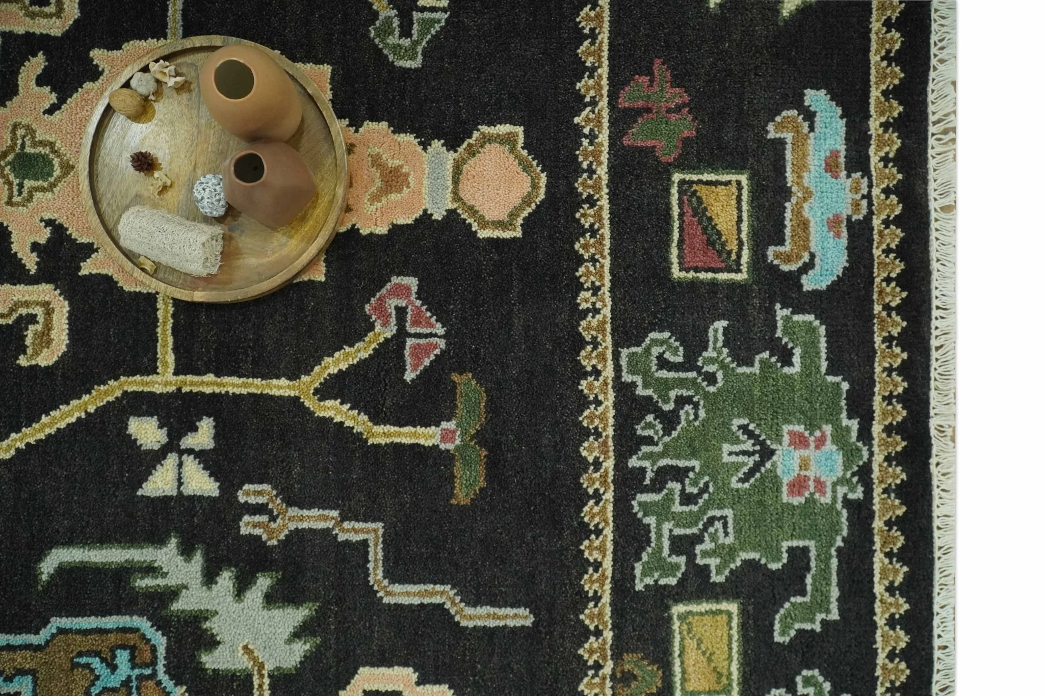 Vibrant Colorful Black 8x10 Hand Knotted Traditional Oushak wool area rug - Image 8
