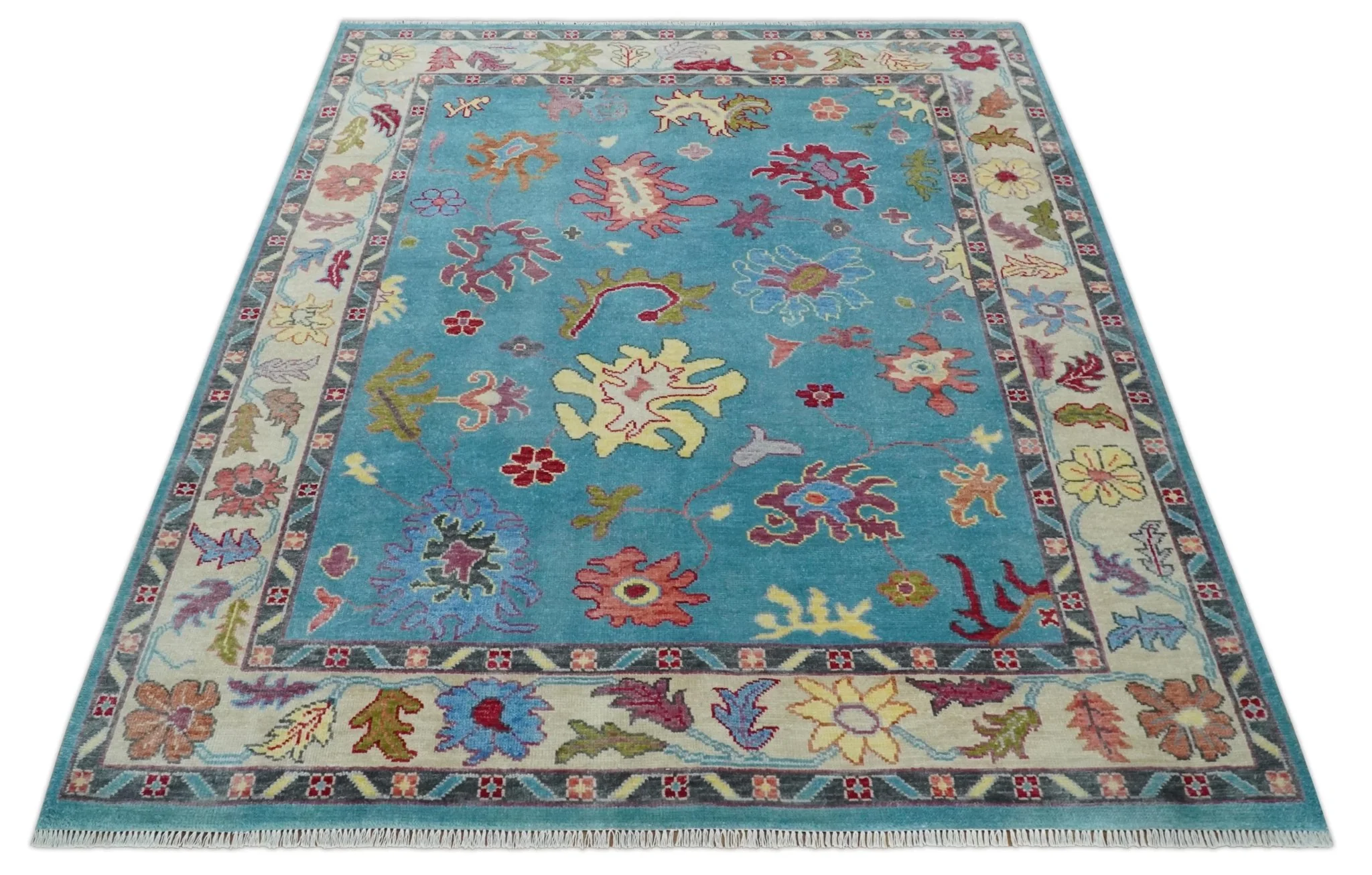 Custom Made Colorful Blue and Beige Hand knotted Traditional Oushak wool Area Rug - Image 10