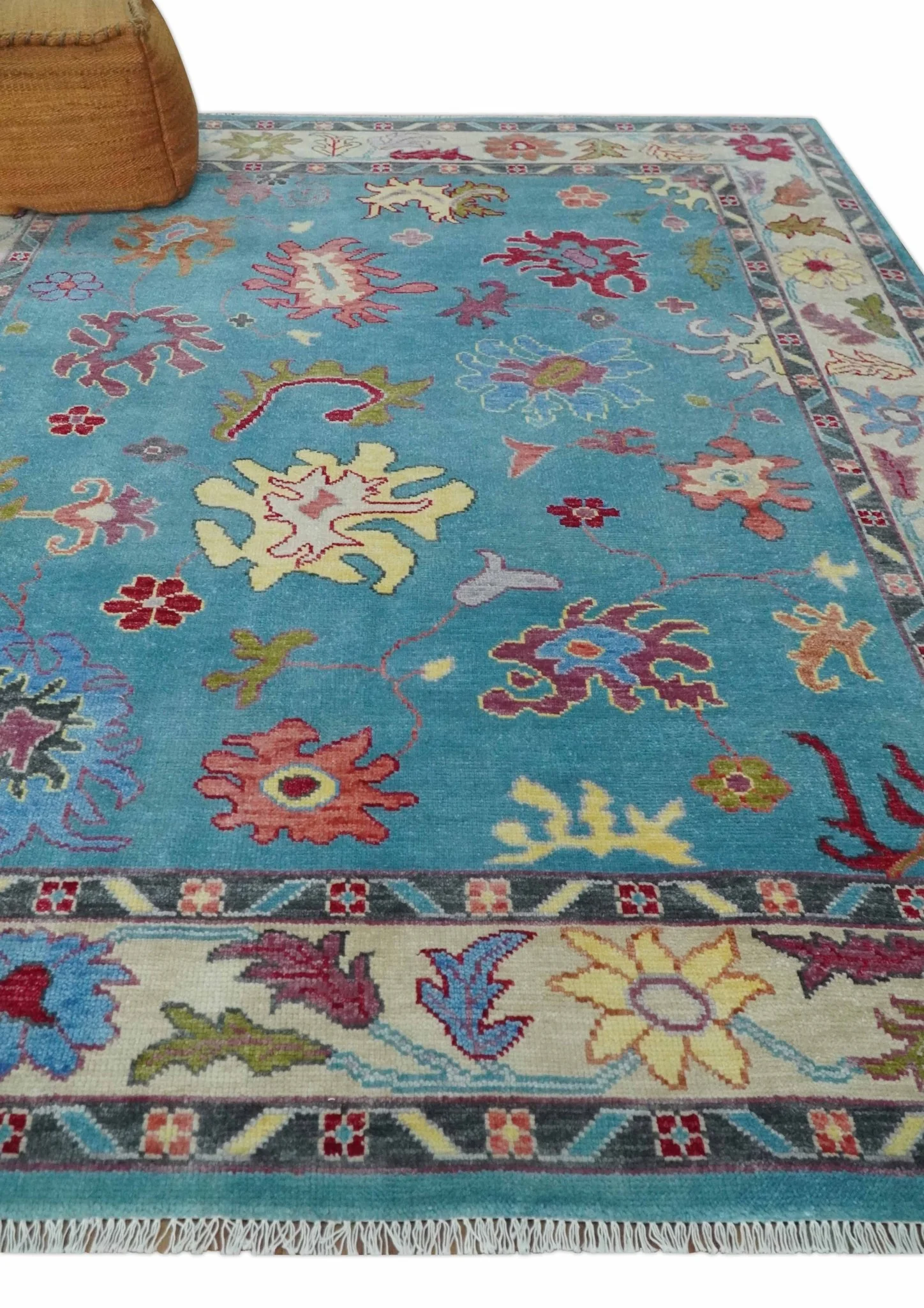 Custom Made Colorful Blue and Beige Hand knotted Traditional Oushak wool Area Rug - Image 3