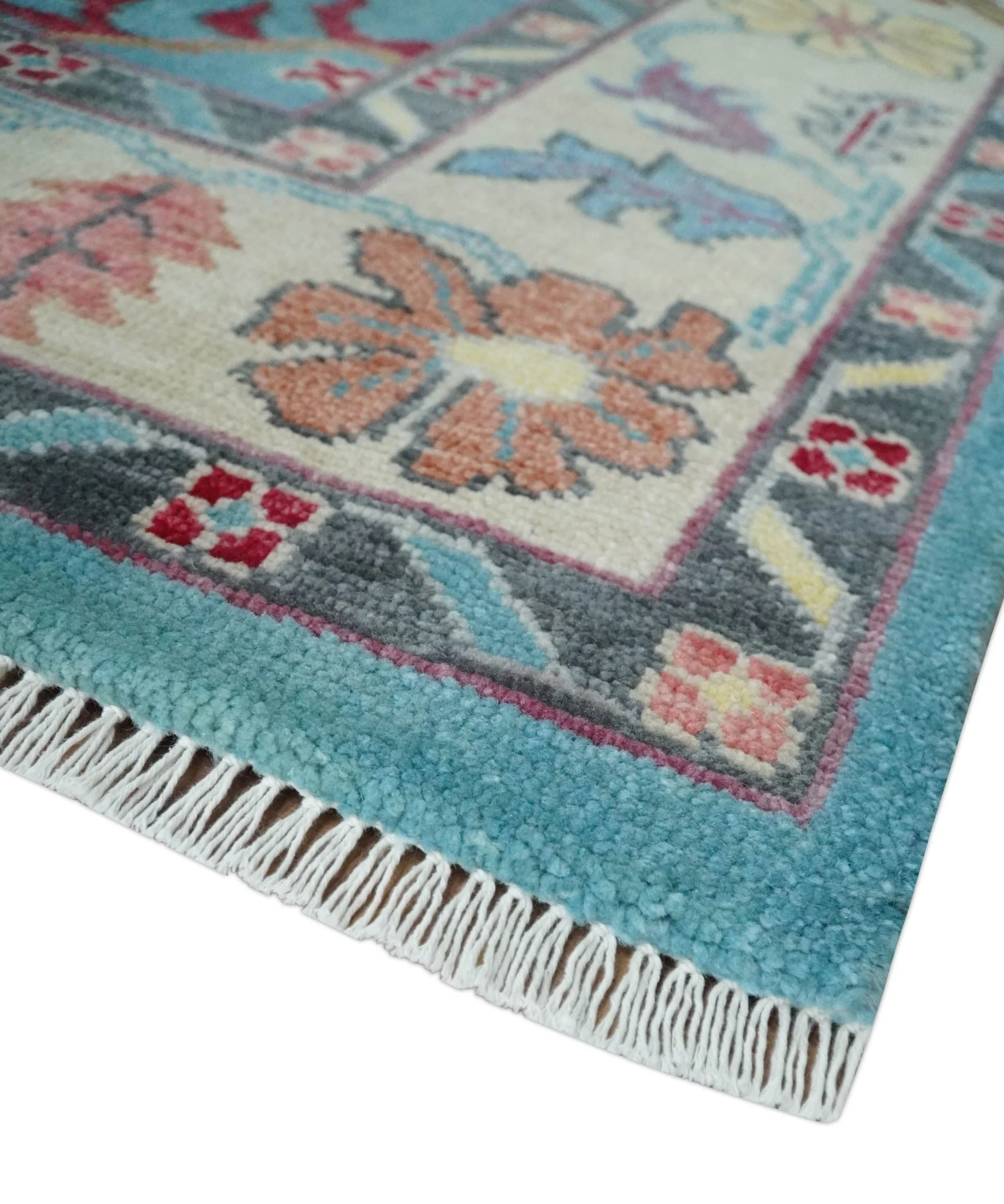 Custom Made Colorful Blue and Beige Hand knotted Traditional Oushak wool Area Rug - Image 5