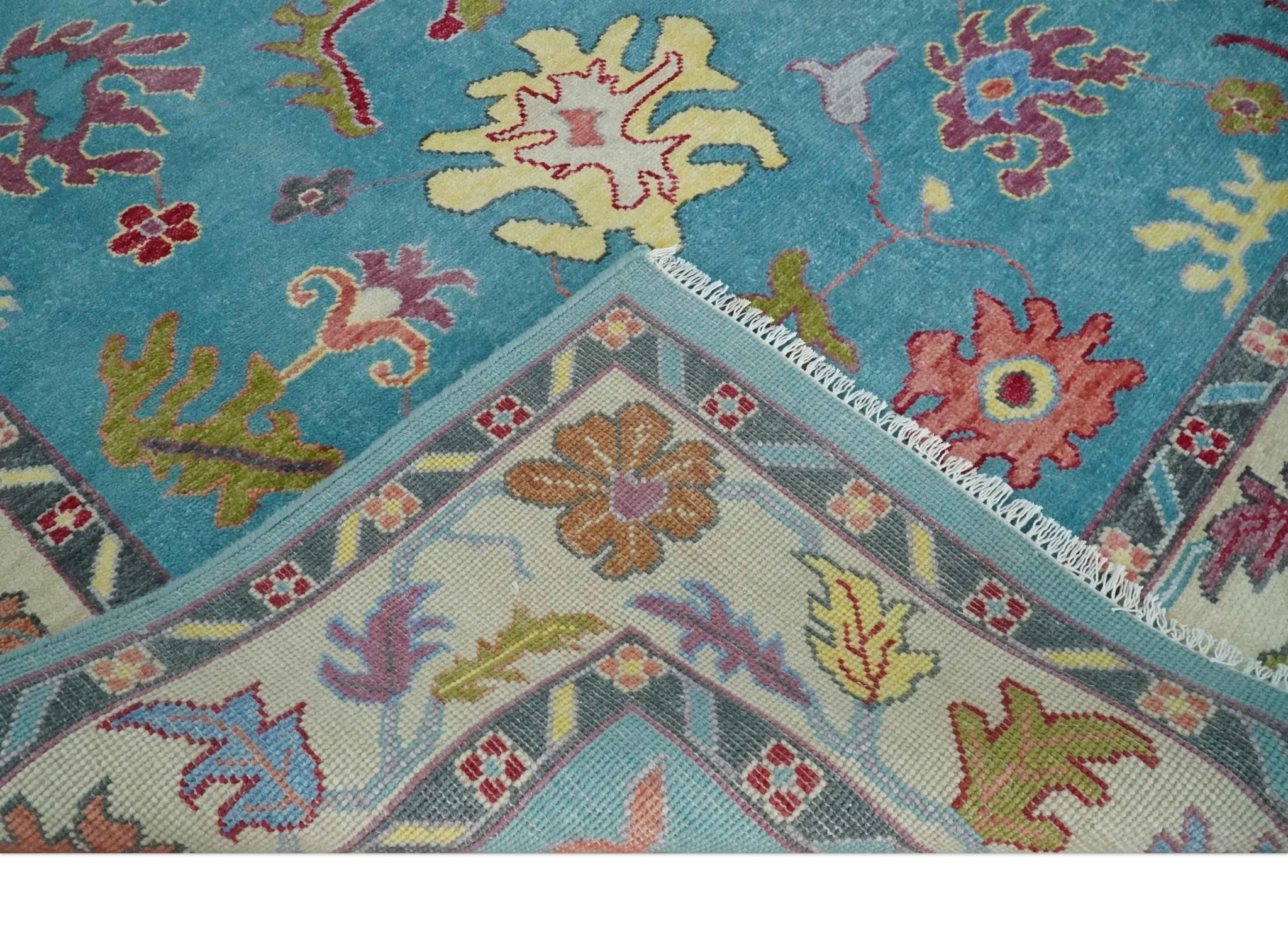 Custom Made Colorful Blue and Beige Hand knotted Traditional Oushak wool Area Rug - Image 7