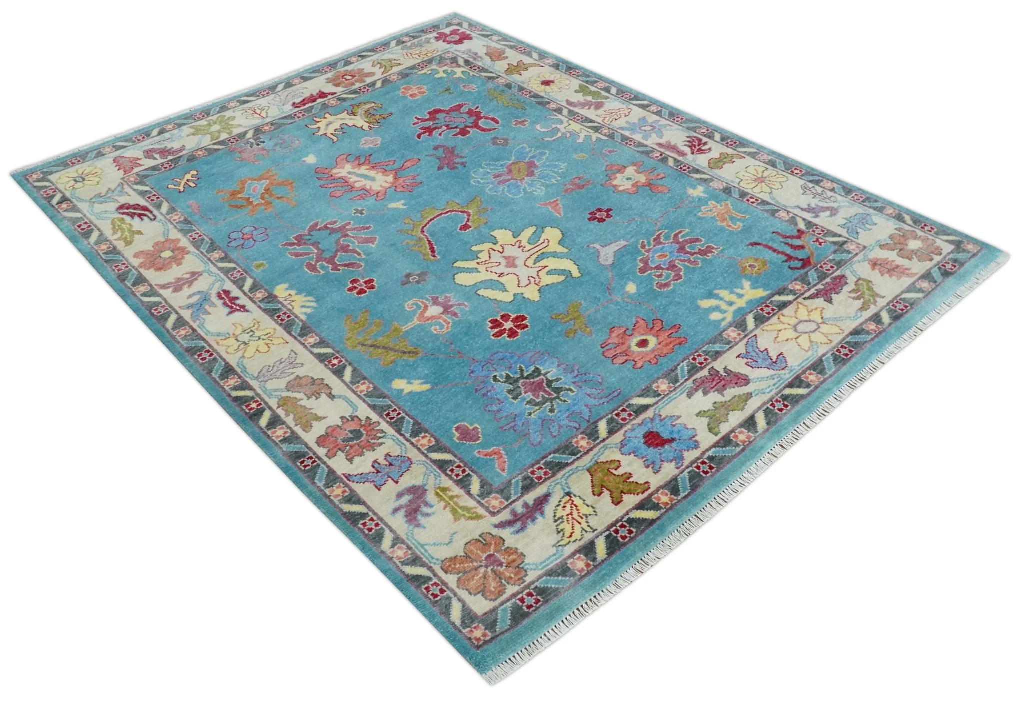 Custom Made Colorful Blue and Beige Hand knotted Traditional Oushak wool Area Rug - Image 9