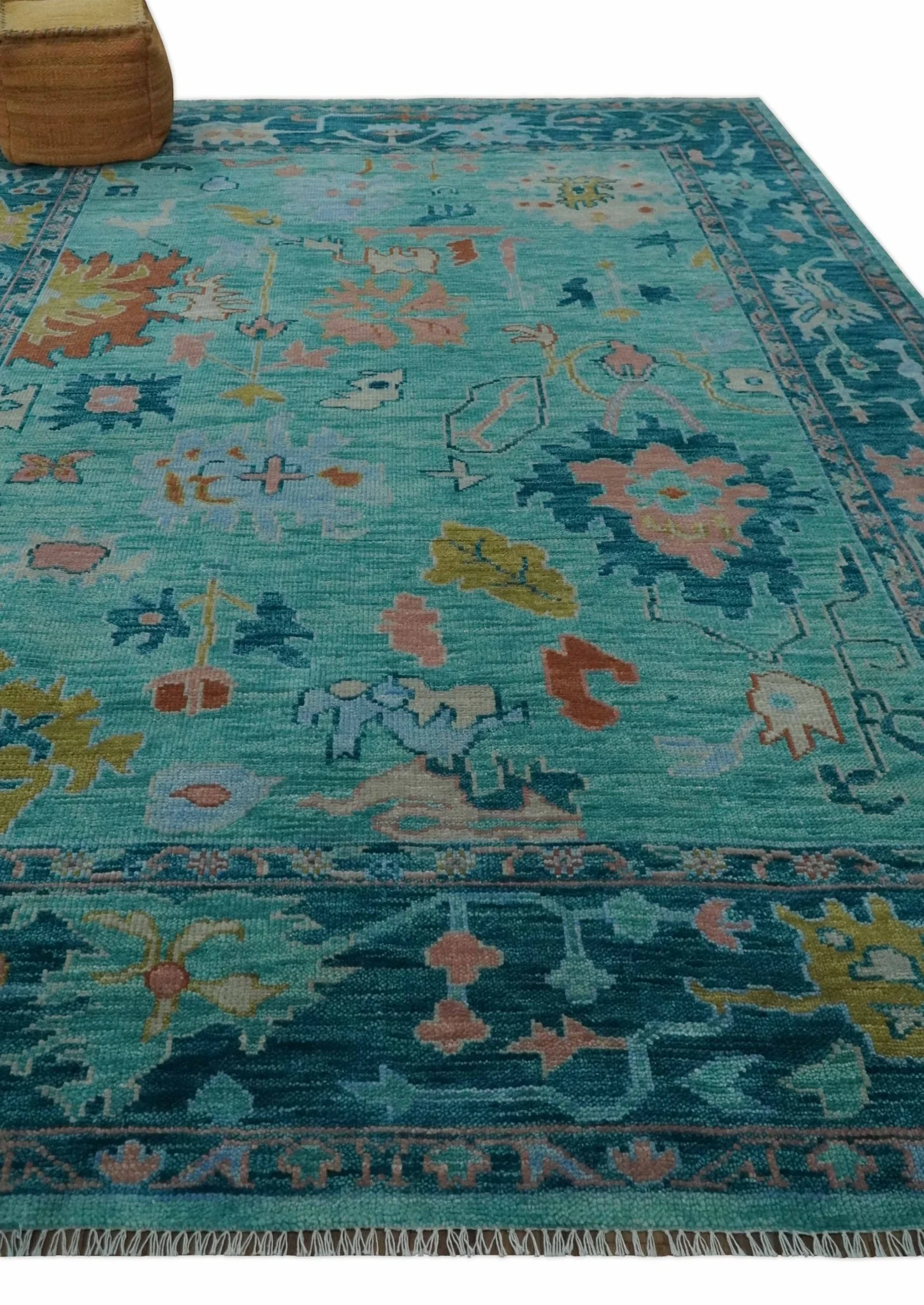 Vibrant Colorful Blue and Green Hand knotted 9x12 wool Area Rug - Image 3