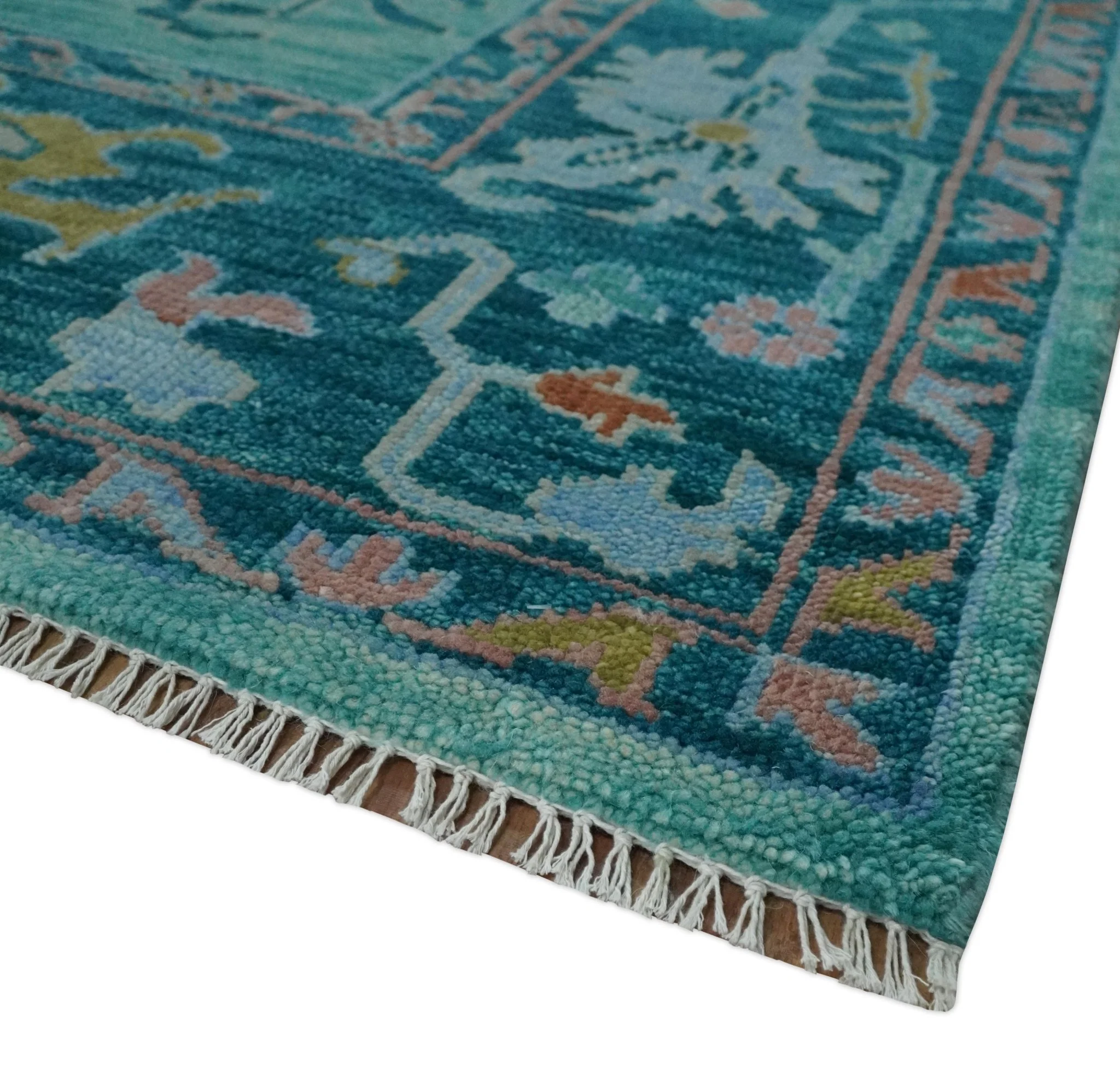 Vibrant Colorful Blue and Green Hand knotted 9x12 wool Area Rug - Image 5