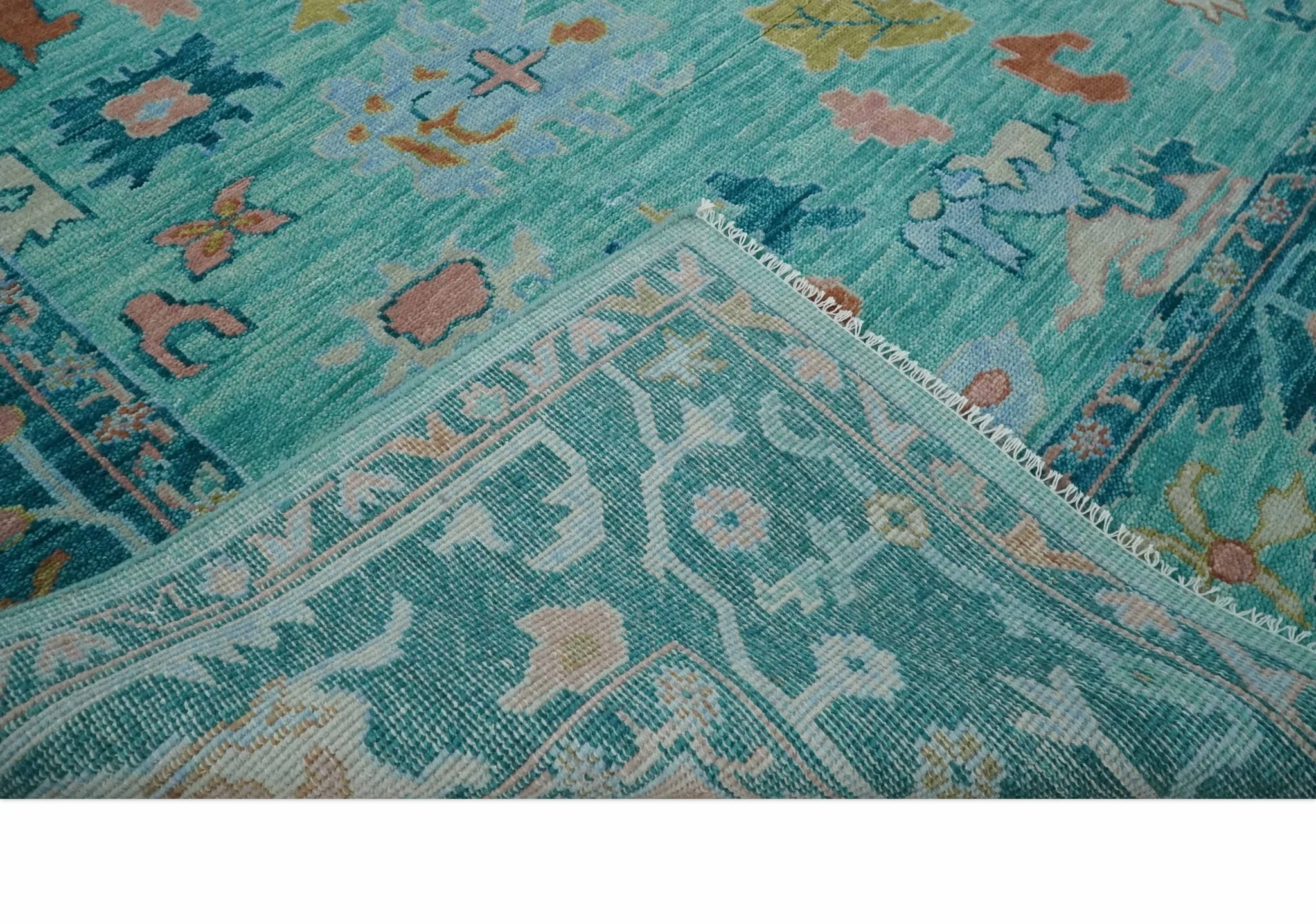 Vibrant Colorful Blue and Green Hand knotted 9x12 wool Area Rug - Image 6