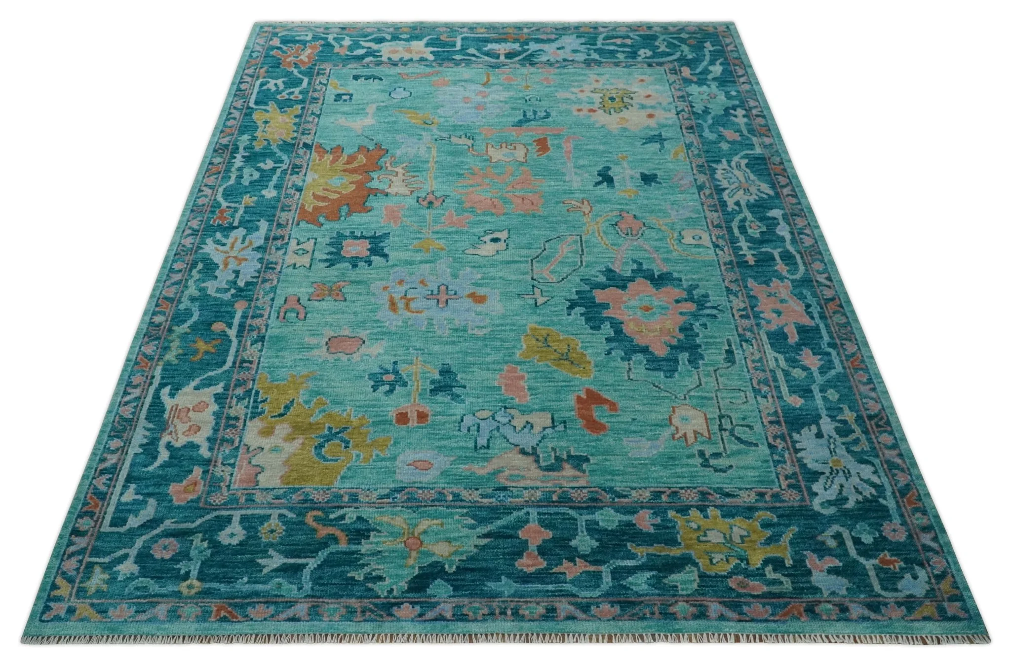 Vibrant Colorful Blue and Green Hand knotted 9x12 wool Area Rug - Image 9
