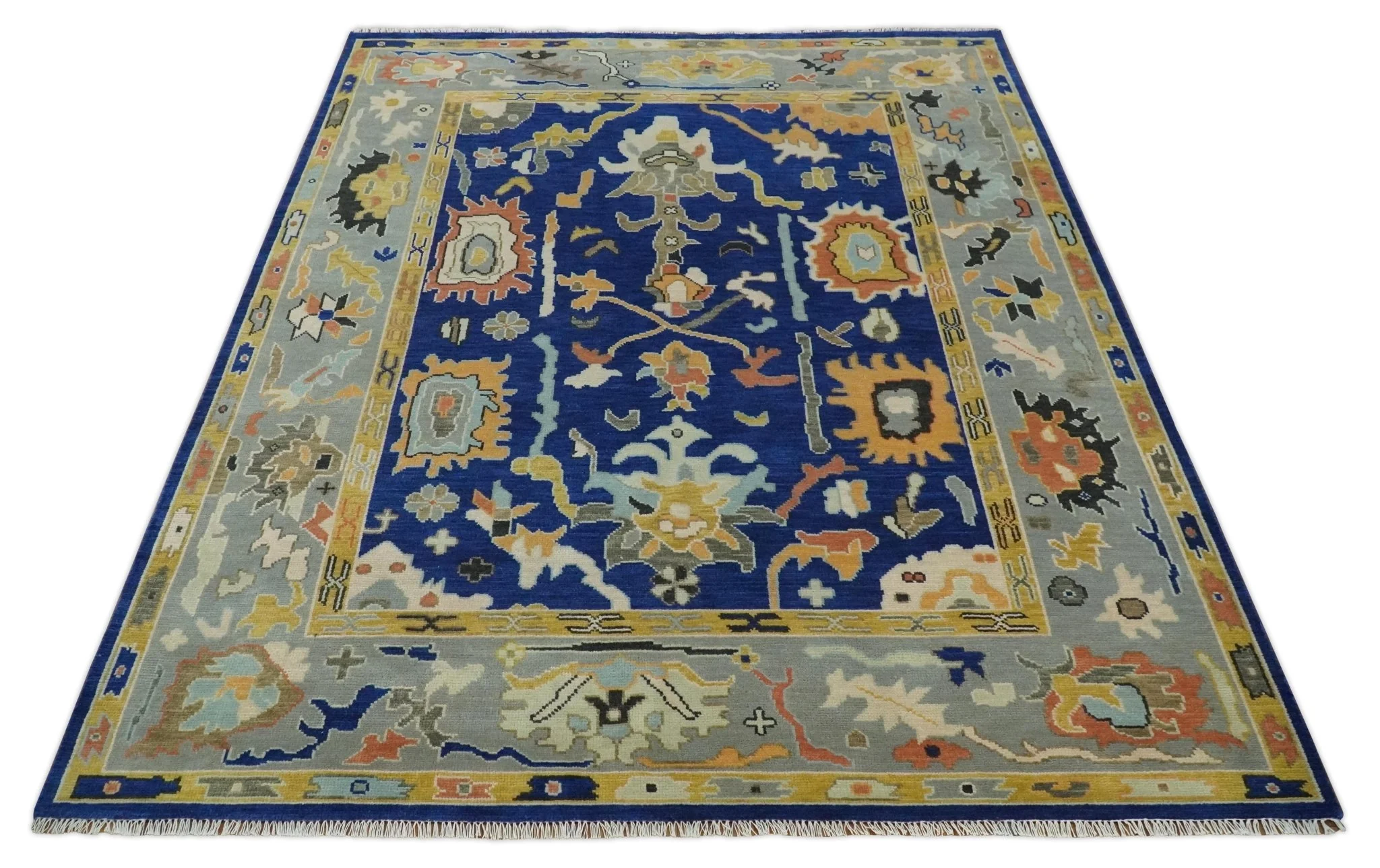 Vibrant Colorful Blue, Silver and Mustard Hand knotted Traditional Oushak Multi Size wool Area Rug - Image 11