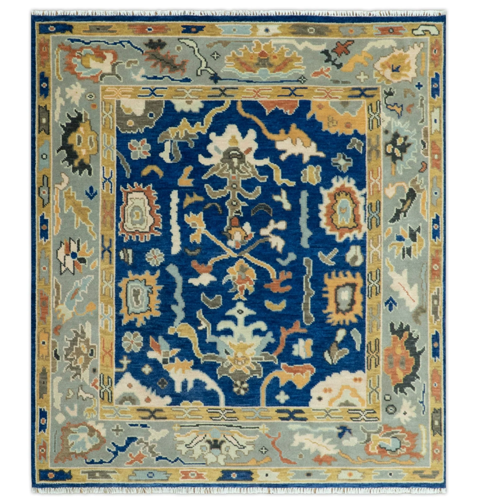 Vibrant Colorful Blue, Silver and Mustard Hand knotted Traditional Oushak Multi Size wool Area Rug - Image 13