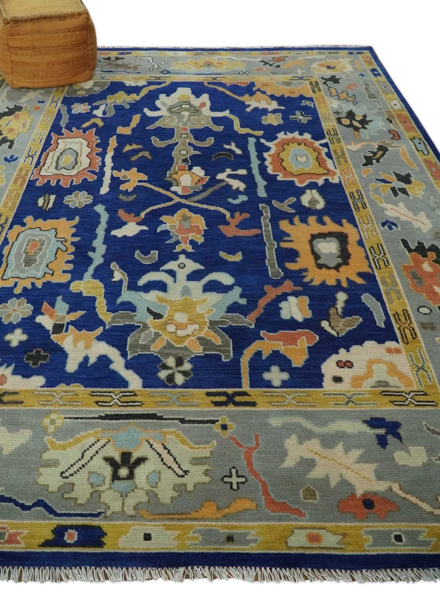 Vibrant Colorful Blue, Silver and Mustard Hand knotted Traditional Oushak Multi Size wool Area Rug - Image 3