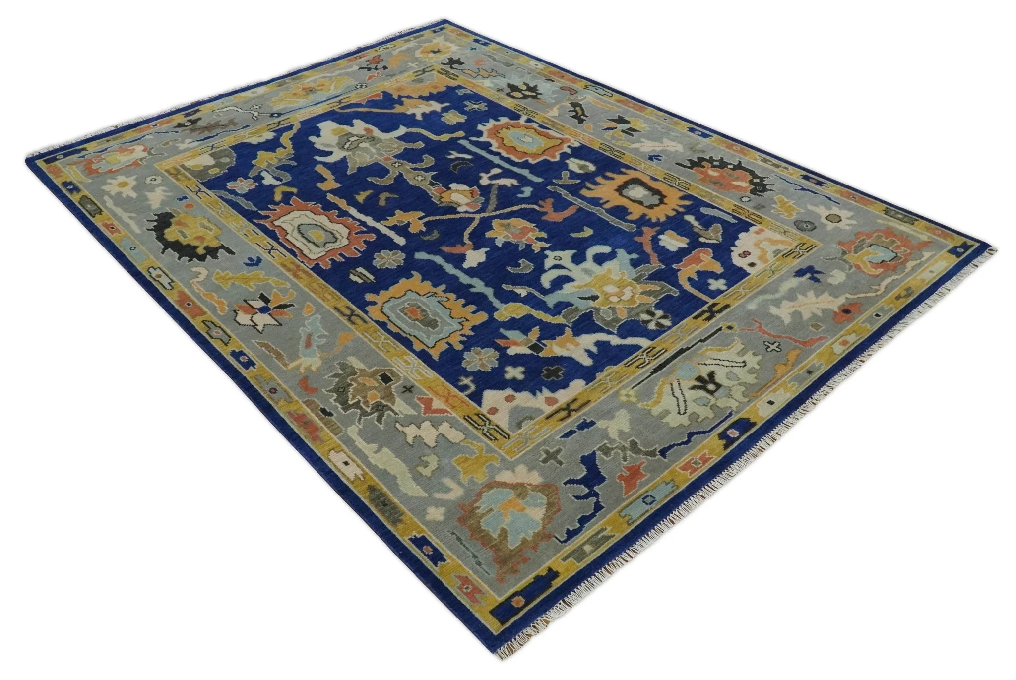 Vibrant Colorful Blue, Silver and Mustard Hand knotted Traditional Oushak 8x10 wool Area Rug - Image 10