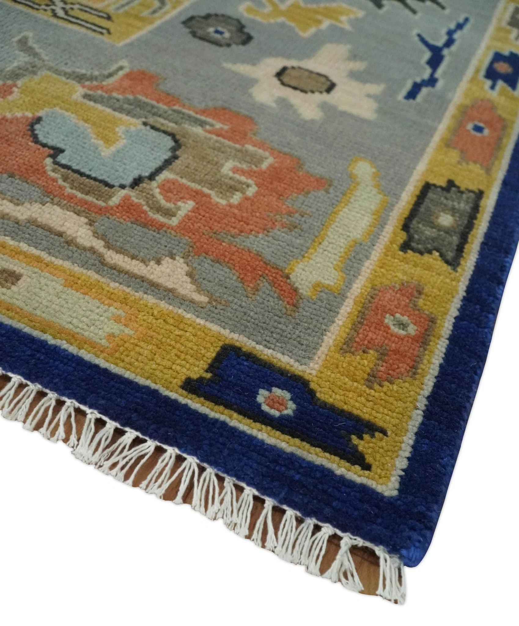 Vibrant Colorful Blue, Silver and Mustard Hand knotted Traditional Oushak 8x10 wool Area Rug - Image 5