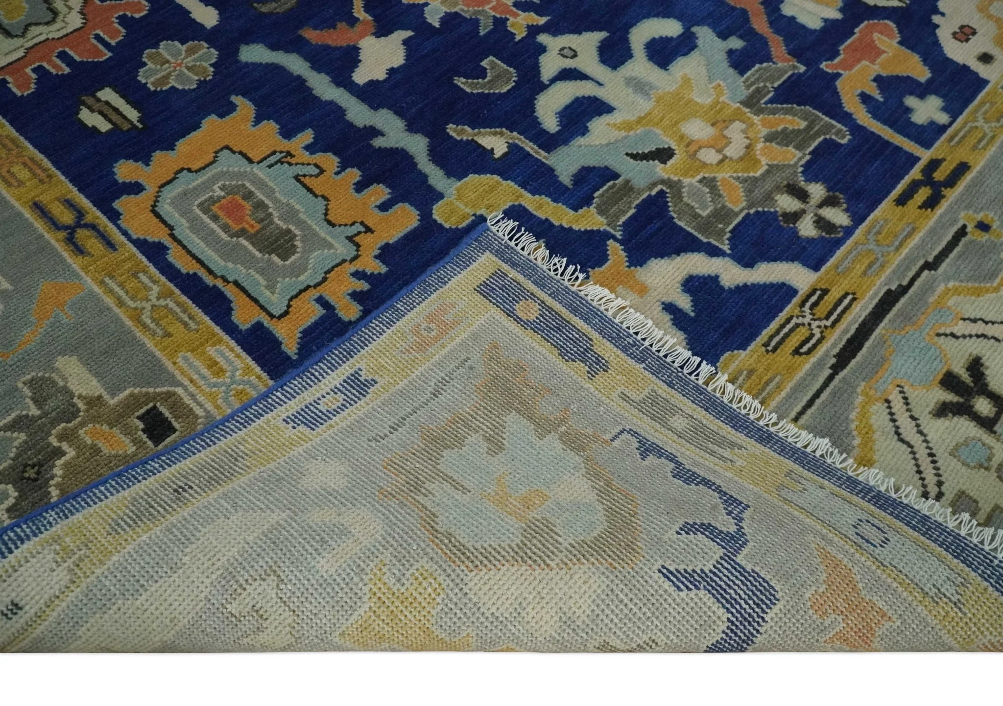 Vibrant Colorful Blue, Silver and Mustard Hand knotted Traditional Oushak 8x10 wool Area Rug - Image 7