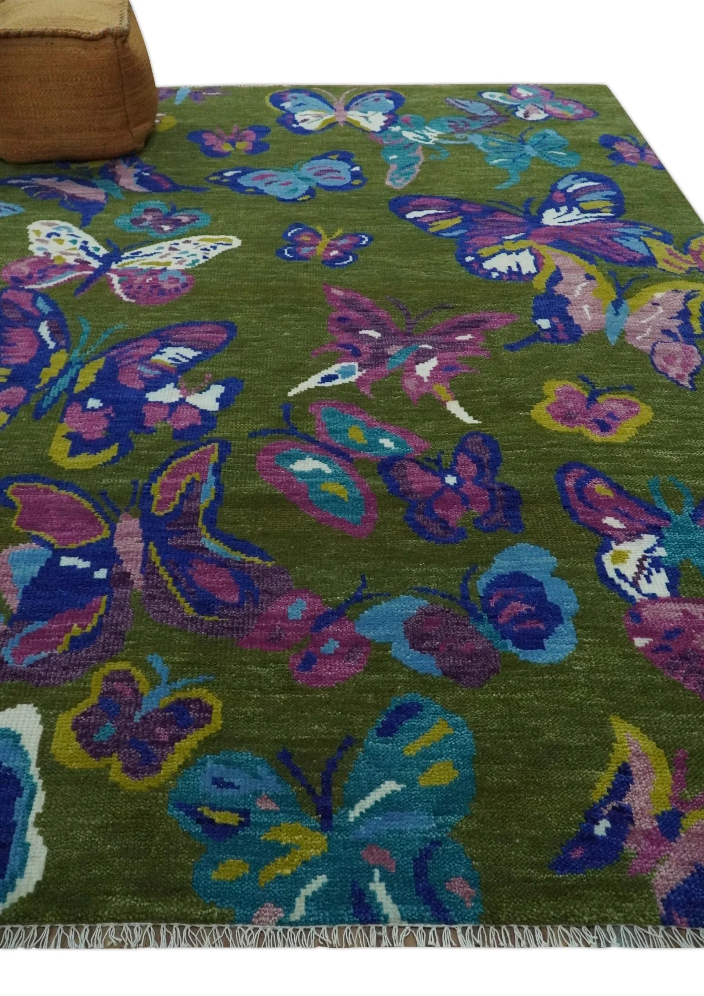 Vibrant Garden of Butterfly Green and Purple Hand knotted Multi size wool Area Rug - Image 3