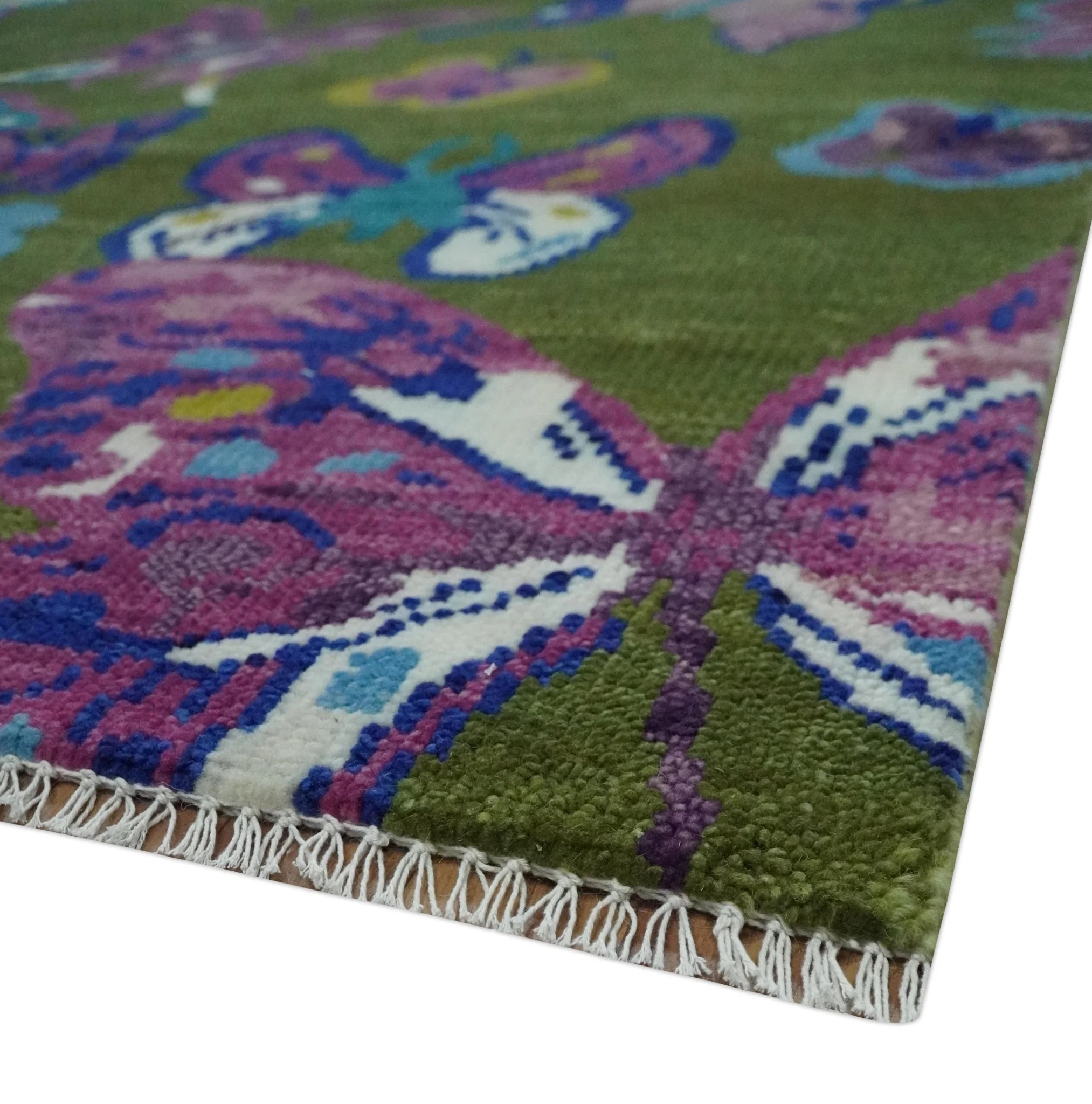 Vibrant Garden of Butterfly Green and Purple Hand knotted Multi size wool Area Rug - Image 5