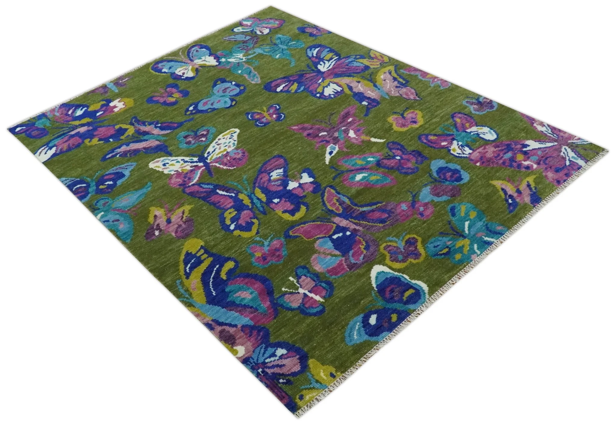 Vibrant Garden of Butterfly Green and Purple Hand knotted Multi size wool Area Rug - Image 8