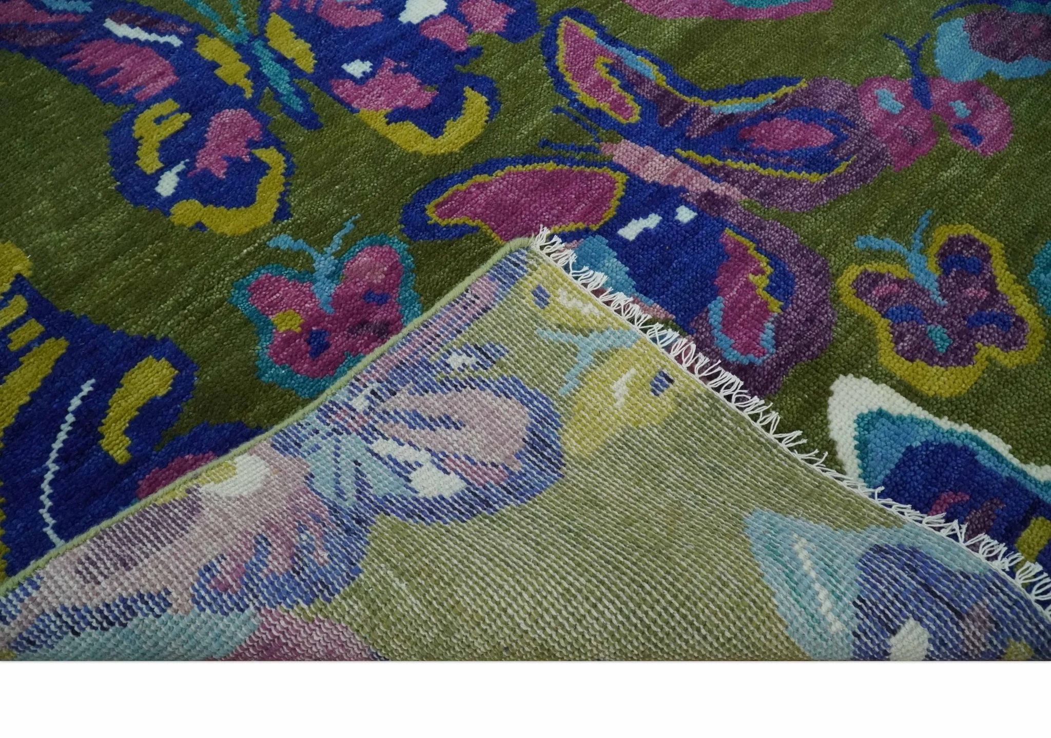 Vibrant Garden of Butterfly Green and Purple Hand knotted Multi size wool Area Rug - Image 9