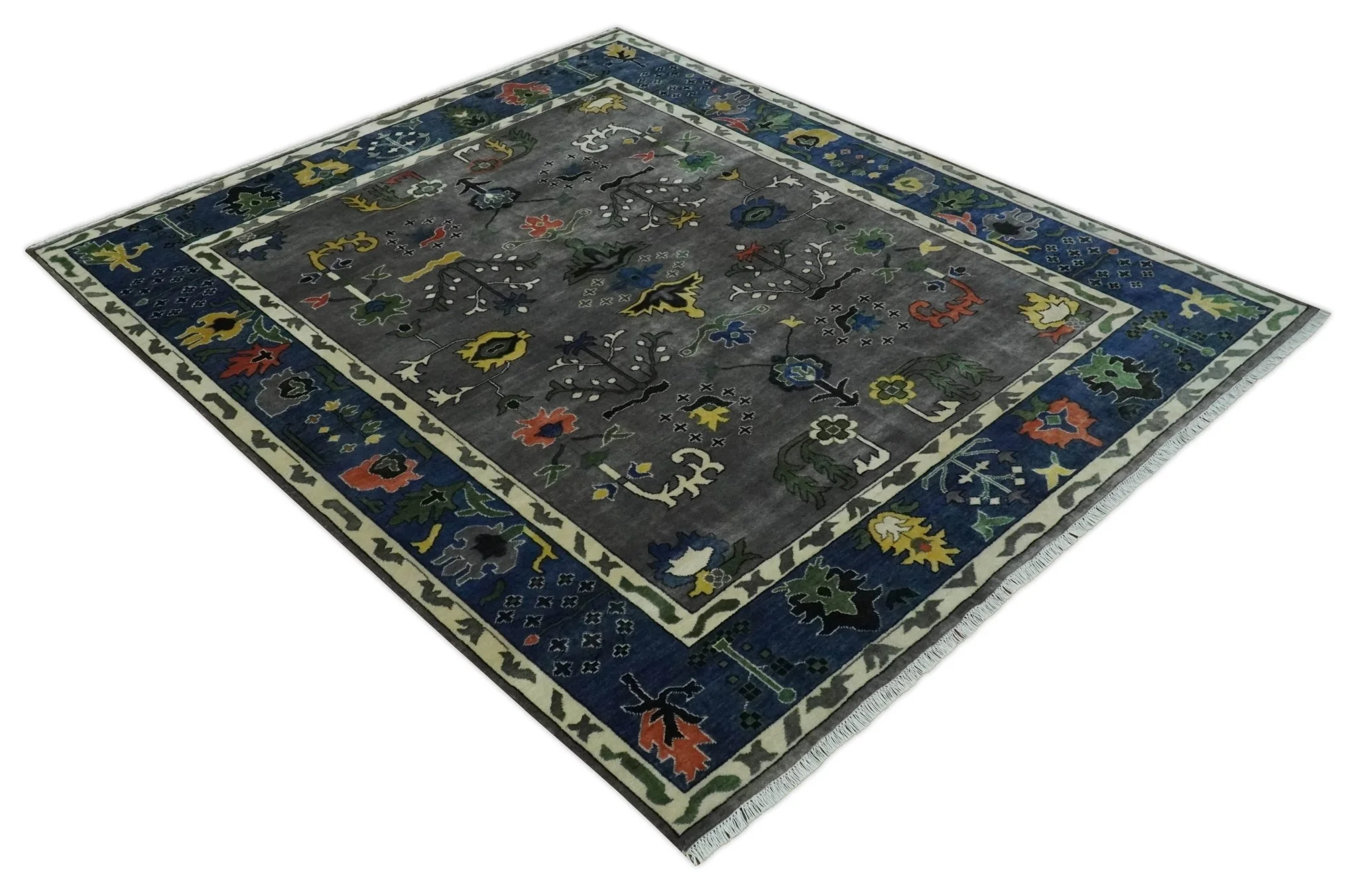 Premium look Vibrant Colorful Charcoal, Blue and Ivory Hand knotted Traditional Floral 8x10 wool Area Rug - Image 10