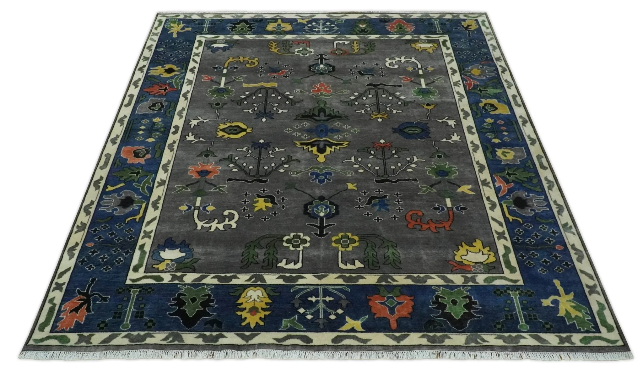 Premium look Vibrant Colorful Charcoal, Blue and Ivory Hand knotted Traditional Floral 8x10 wool Area Rug - Image 11