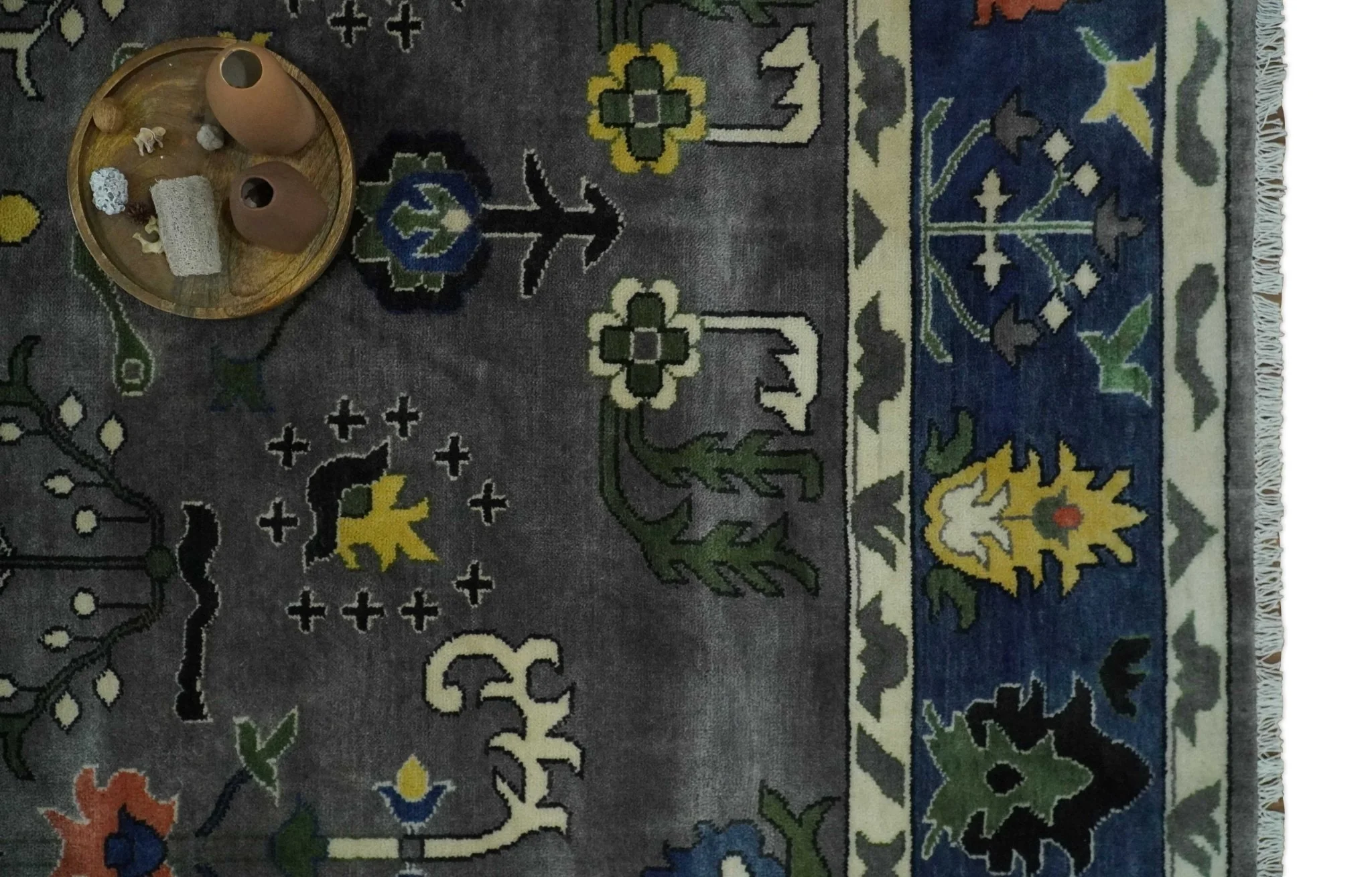 Premium look Vibrant Colorful Charcoal, Blue and Ivory Hand knotted Traditional Floral 8x10 wool Area Rug - Image 12
