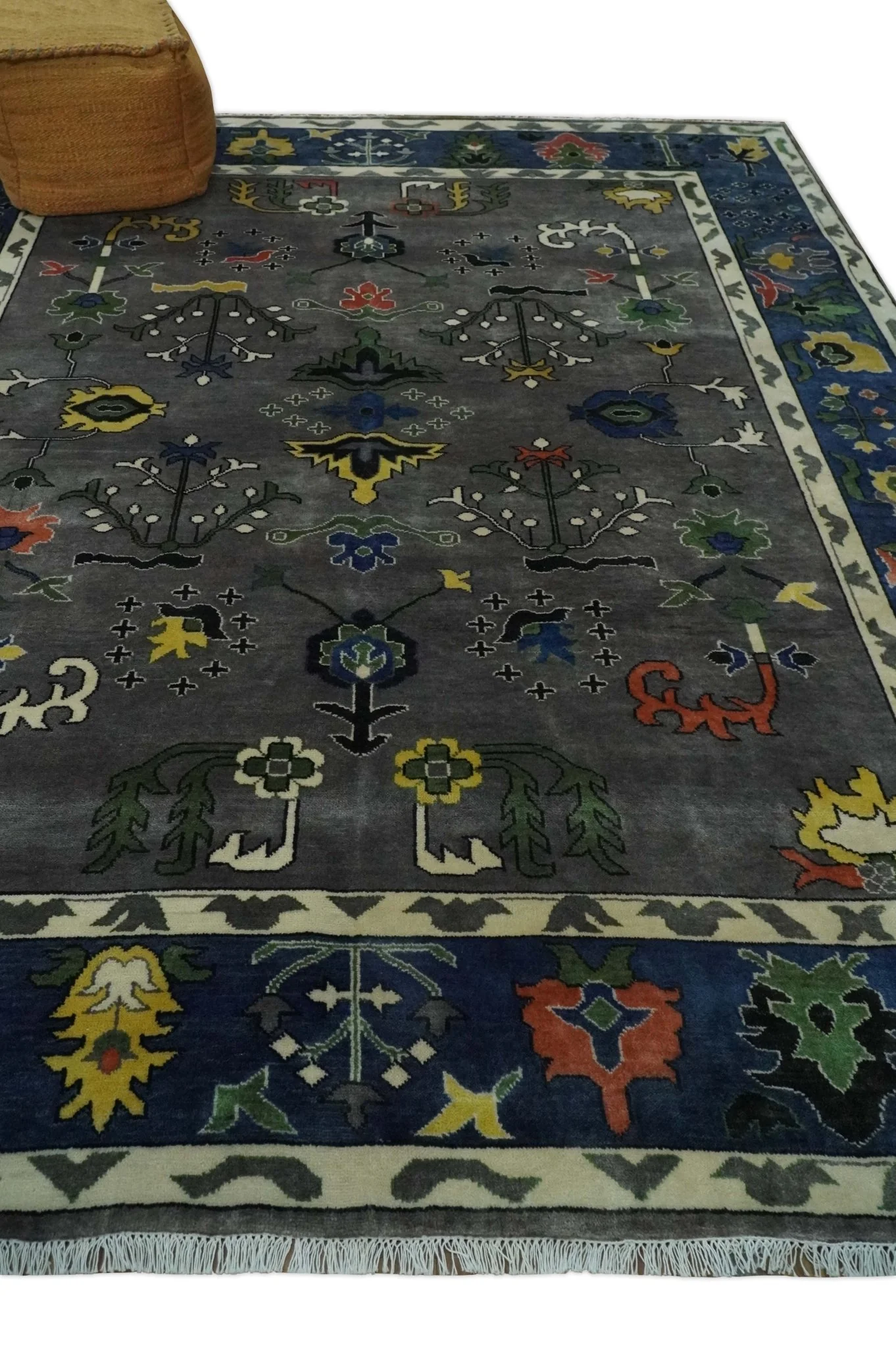 Premium look Vibrant Colorful Charcoal, Blue and Ivory Hand knotted Traditional Floral 8x10 wool Area Rug - Image 3