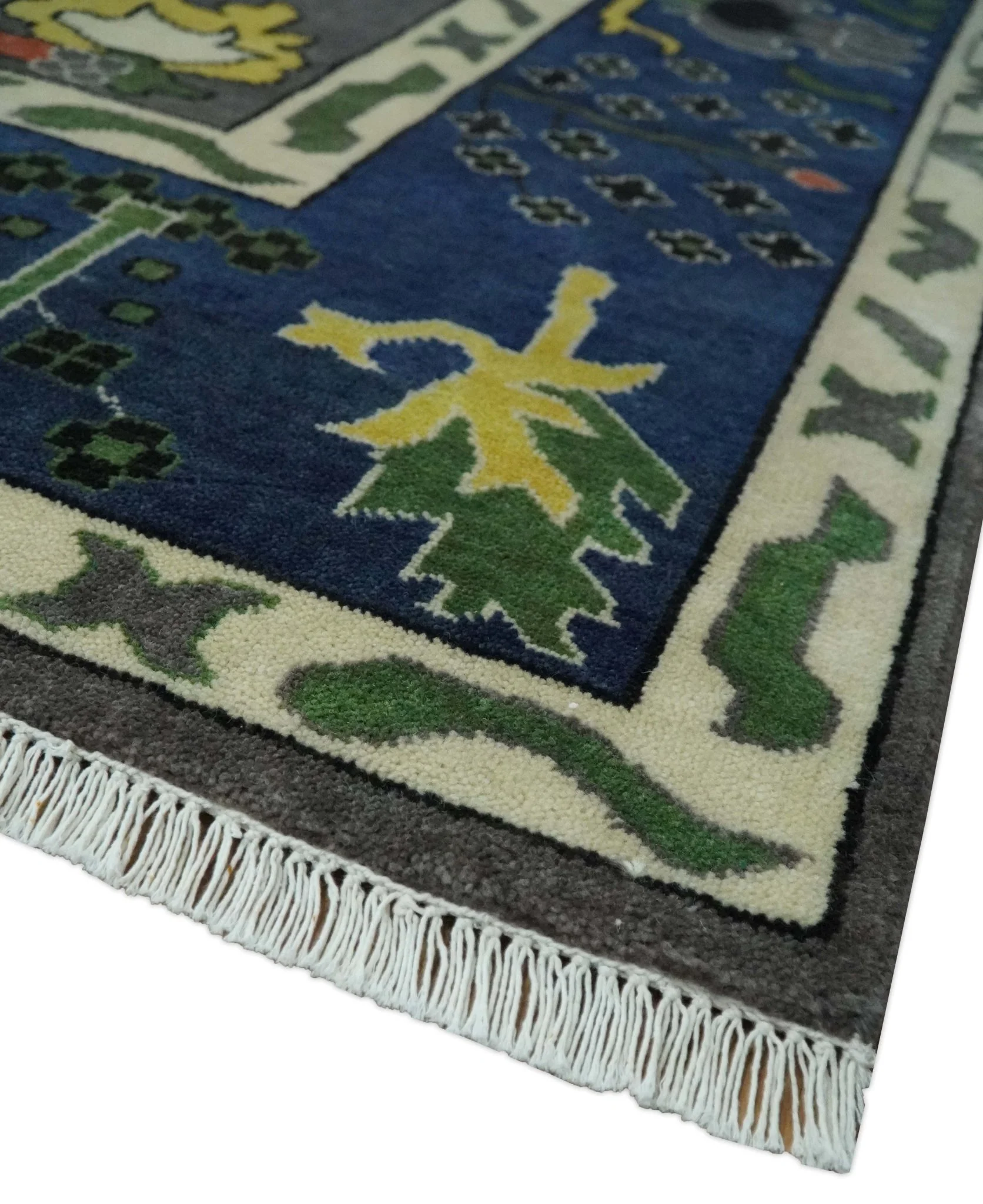 Premium look Vibrant Colorful Charcoal, Blue and Ivory Hand knotted Traditional Floral 8x10 wool Area Rug - Image 5