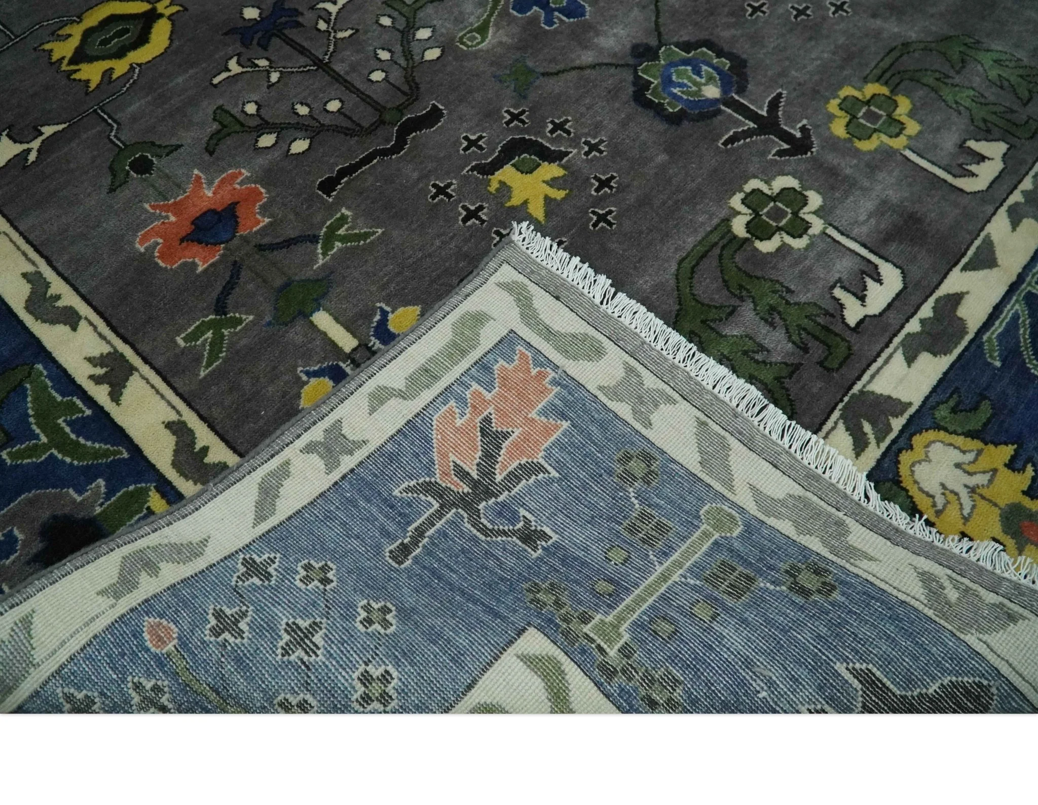 Premium look Vibrant Colorful Charcoal, Blue and Ivory Hand knotted Traditional Floral 8x10 wool Area Rug - Image 6