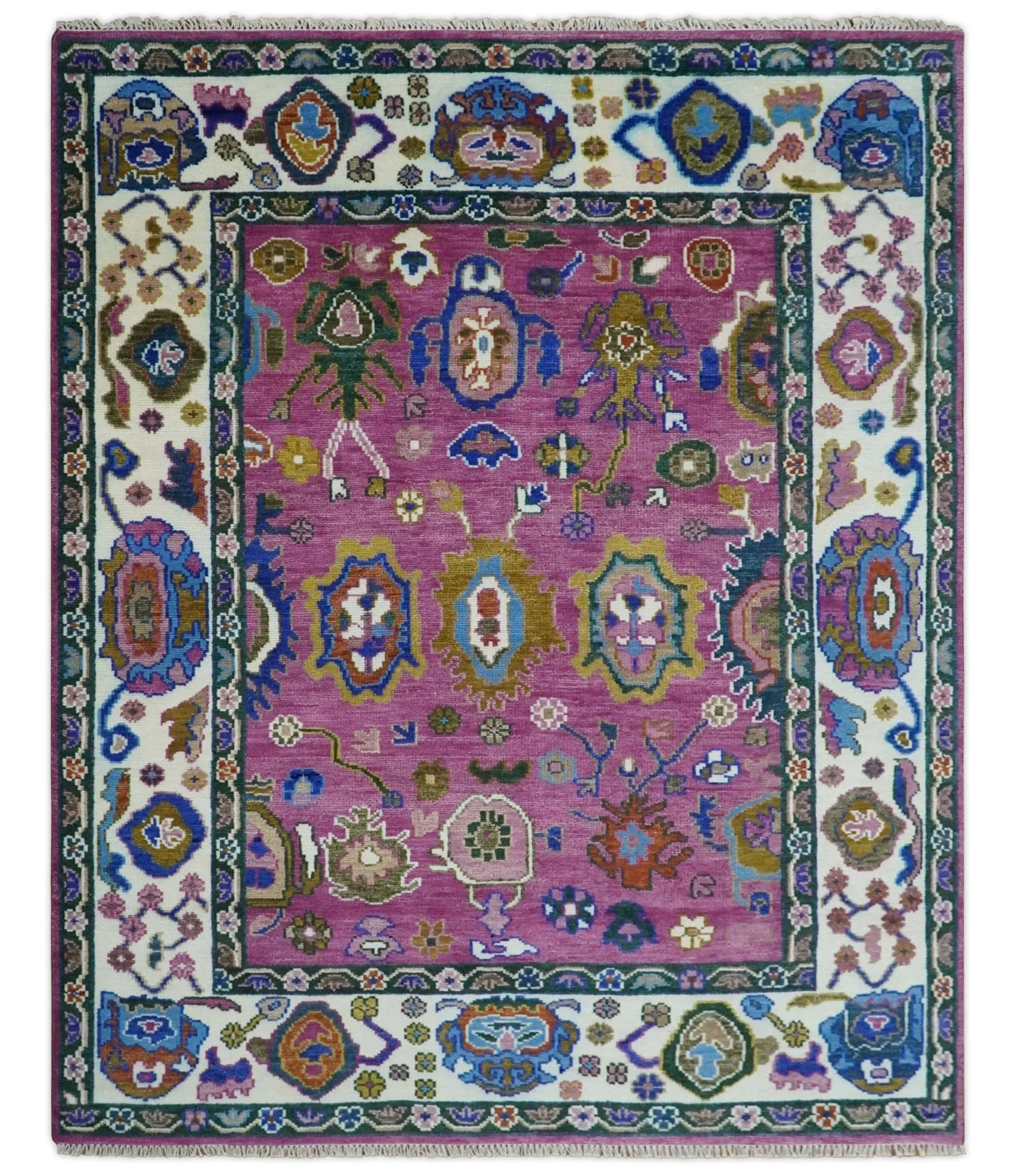 Vibrant Colorful Hand knotted Purple and Ivory Oushak wool Area Rug - Image 10