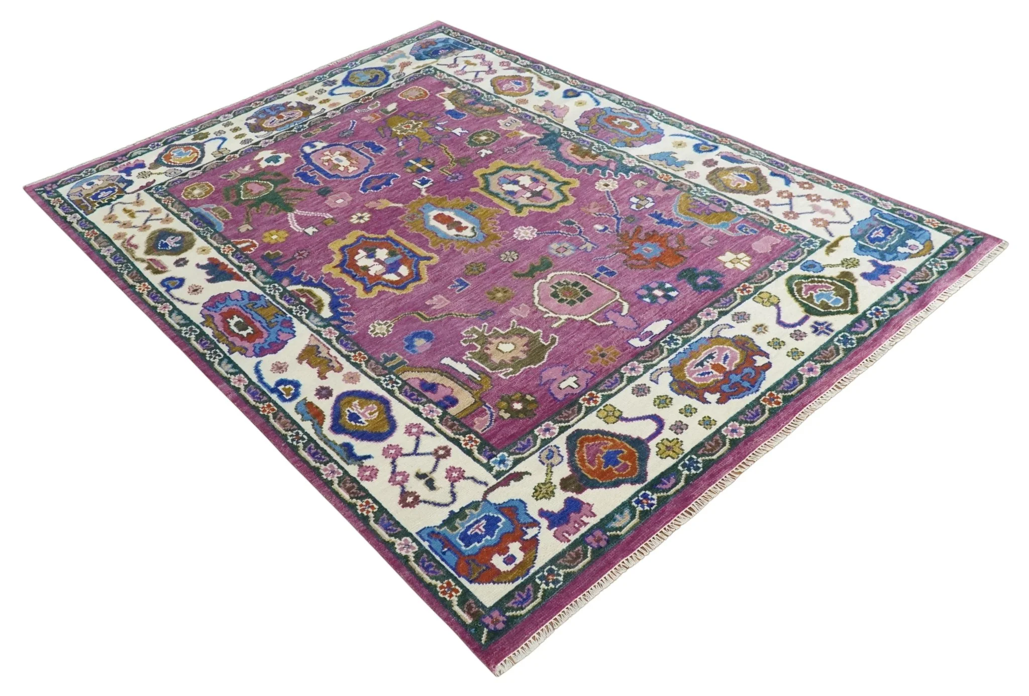 Vibrant Colorful Hand knotted Purple and Ivory Oushak wool Area Rug - Image 2