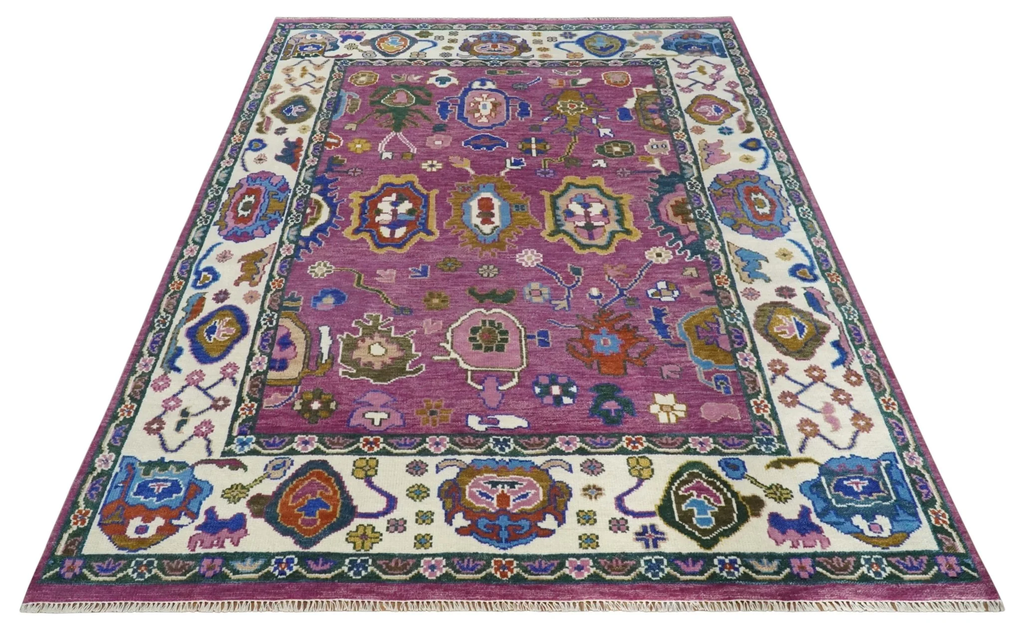 Vibrant Colorful Hand knotted Purple and Ivory Oushak wool Area Rug - Image 3