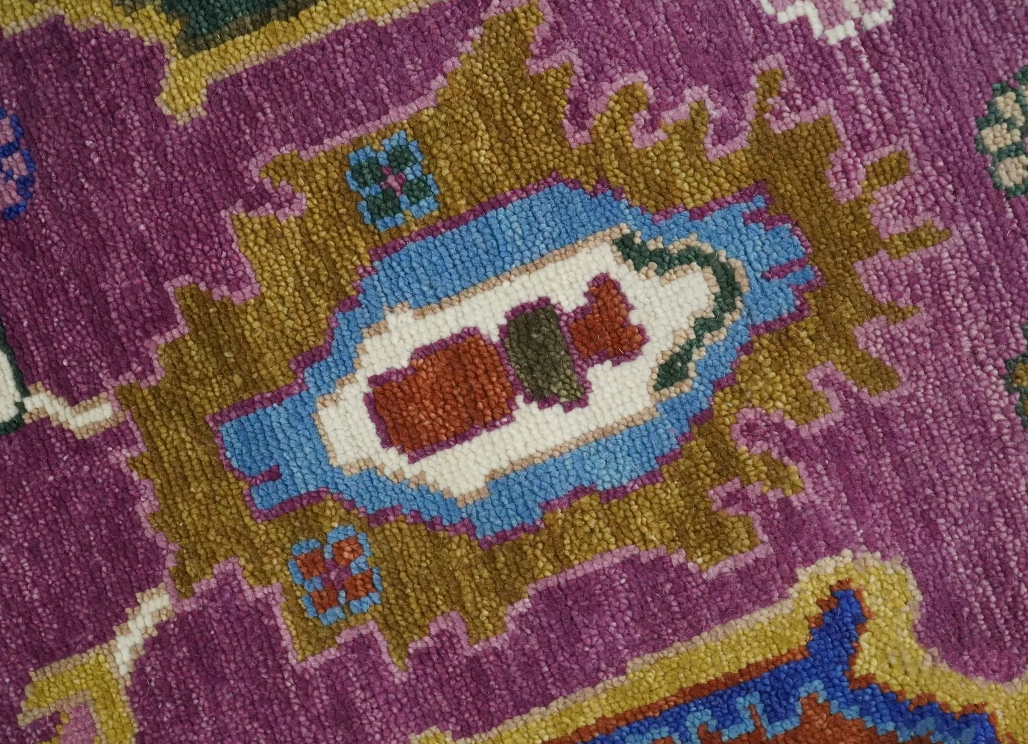 Vibrant Colorful Hand knotted Purple and Ivory Oushak wool Area Rug - Image 4