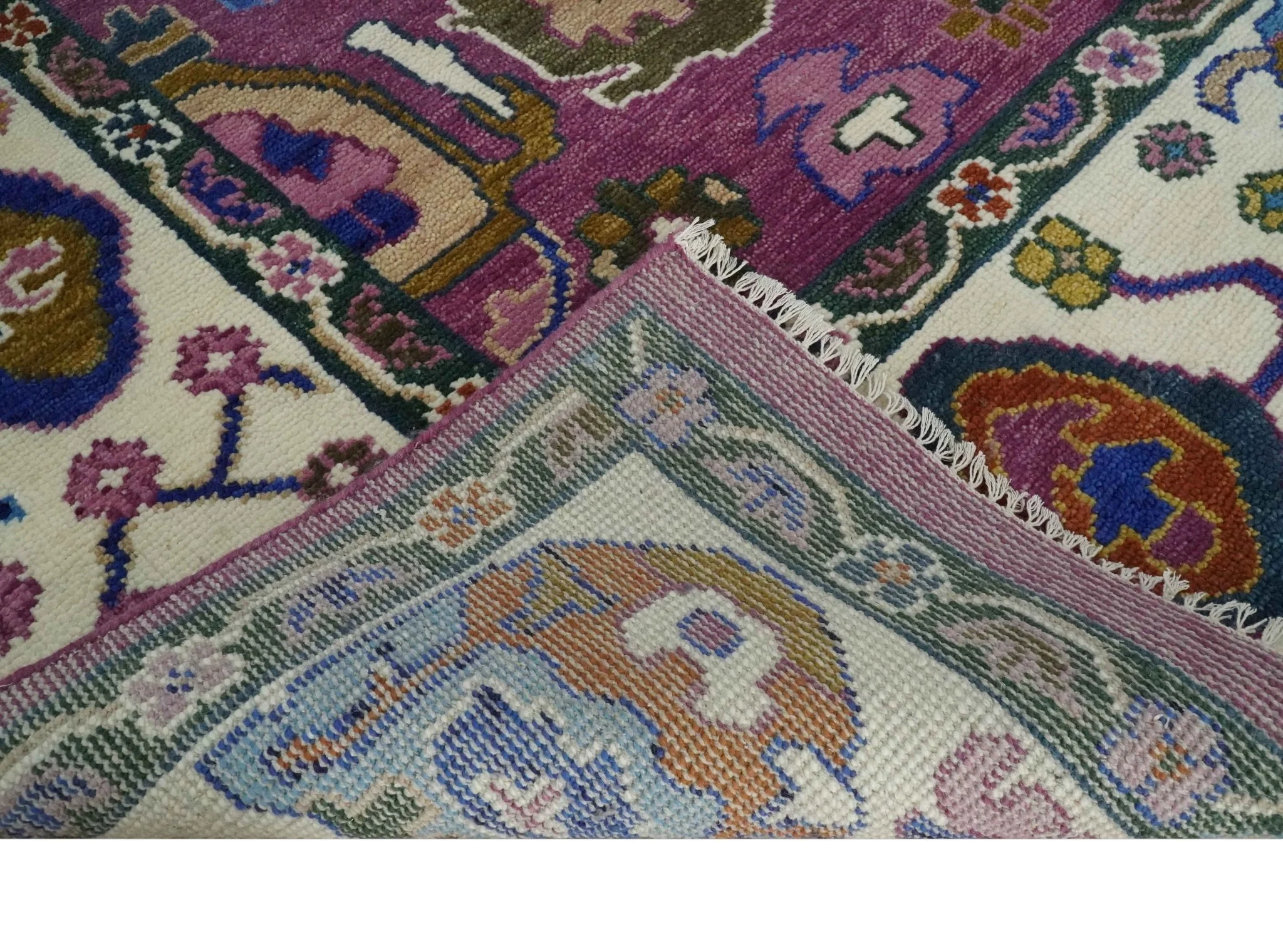 Vibrant Colorful Hand knotted Purple and Ivory Oushak wool Area Rug - Image 5