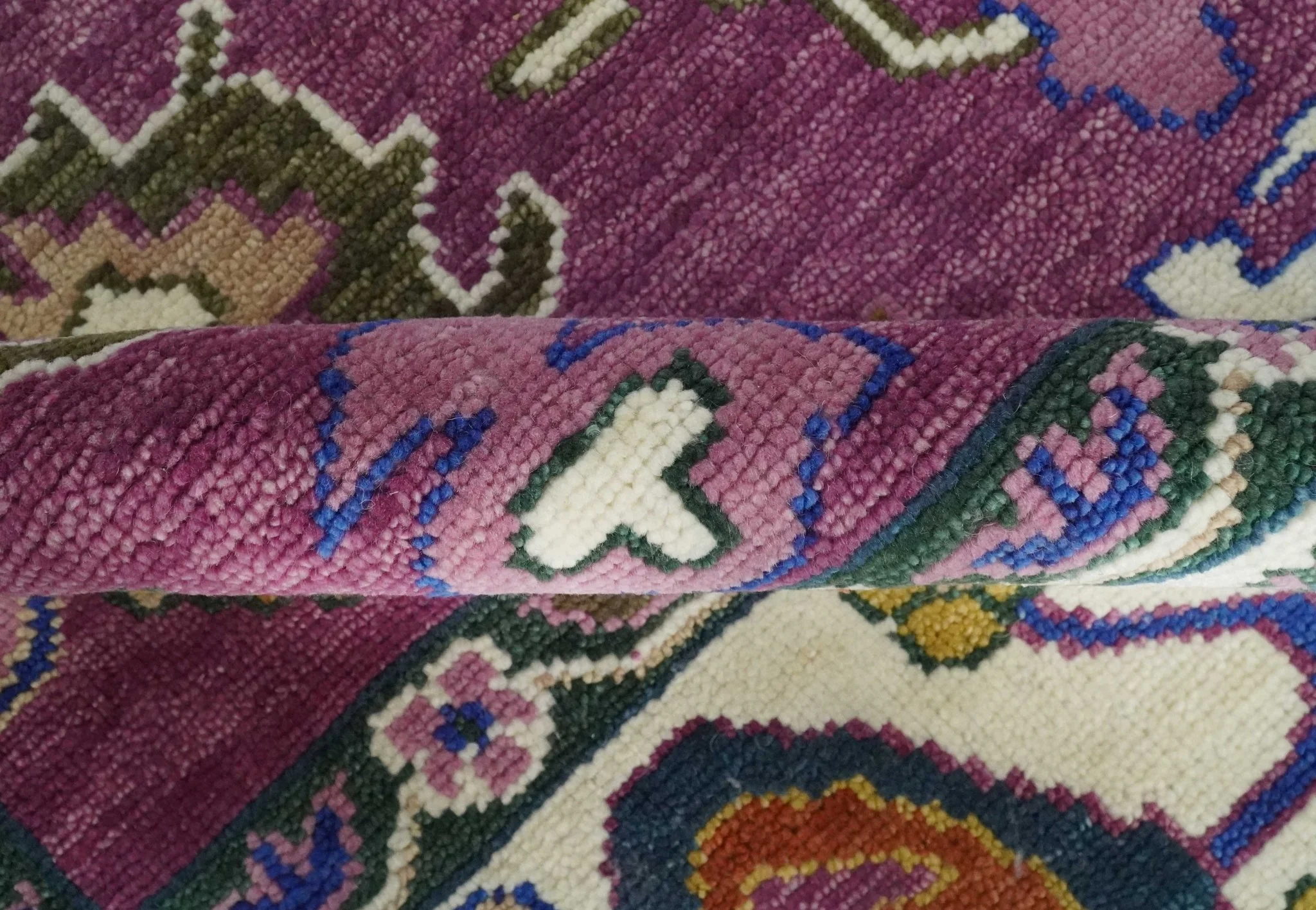 Vibrant Colorful Hand knotted Purple and Ivory Oushak wool Area Rug - Image 6
