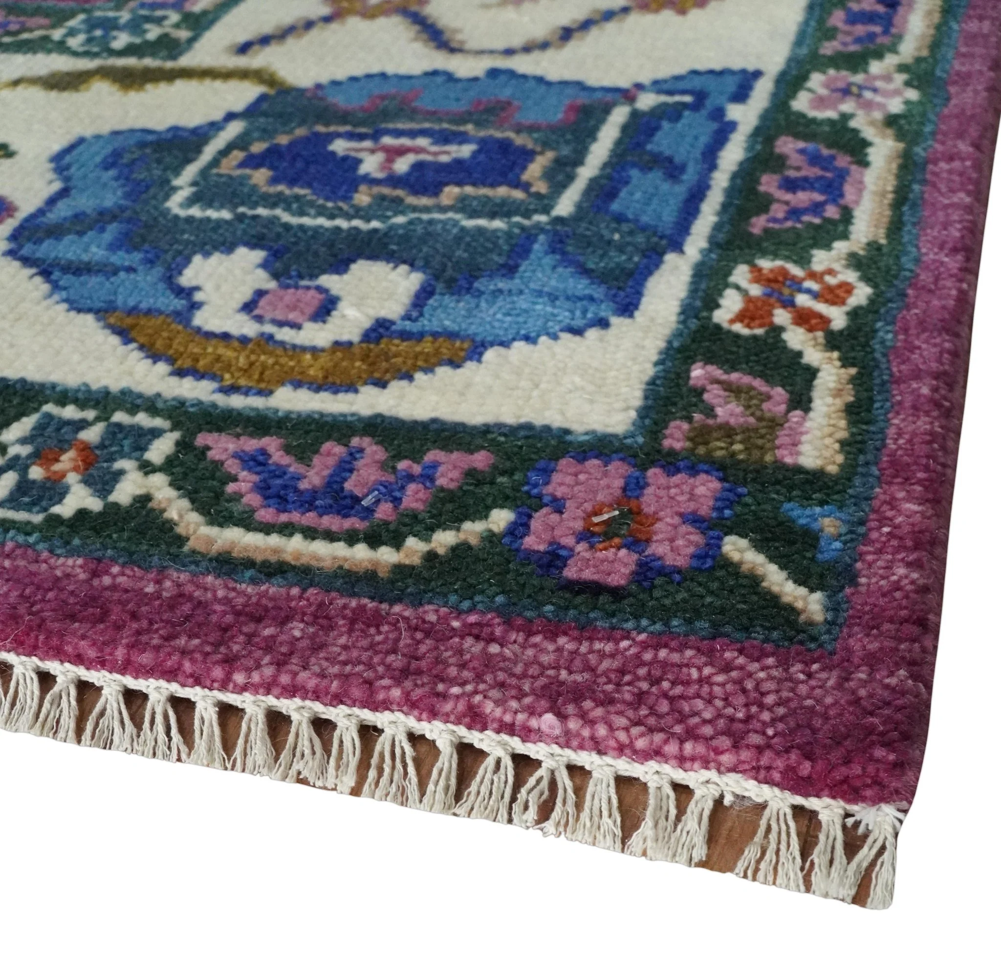 Vibrant Colorful Hand knotted Purple and Ivory Oushak wool Area Rug - Image 7