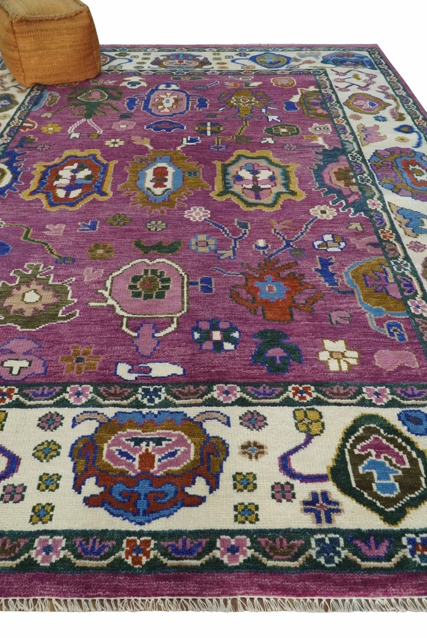 Vibrant Colorful Hand knotted Purple and Ivory Oushak wool Area Rug - Image 9
