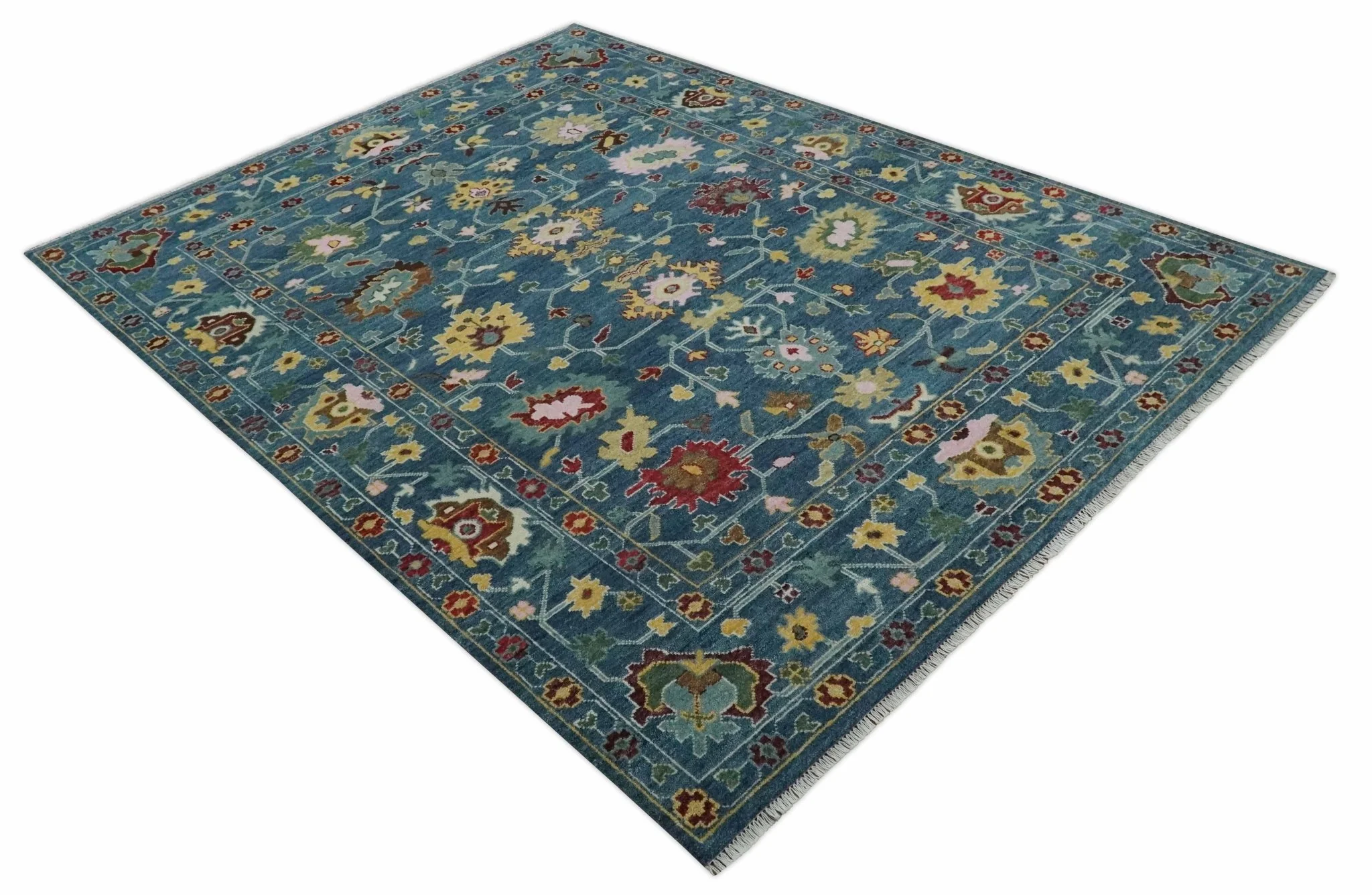 Vibrant Colorful Hand knotted Teal, Gold And Maroon 9x12 wool Area Rug - Image 10
