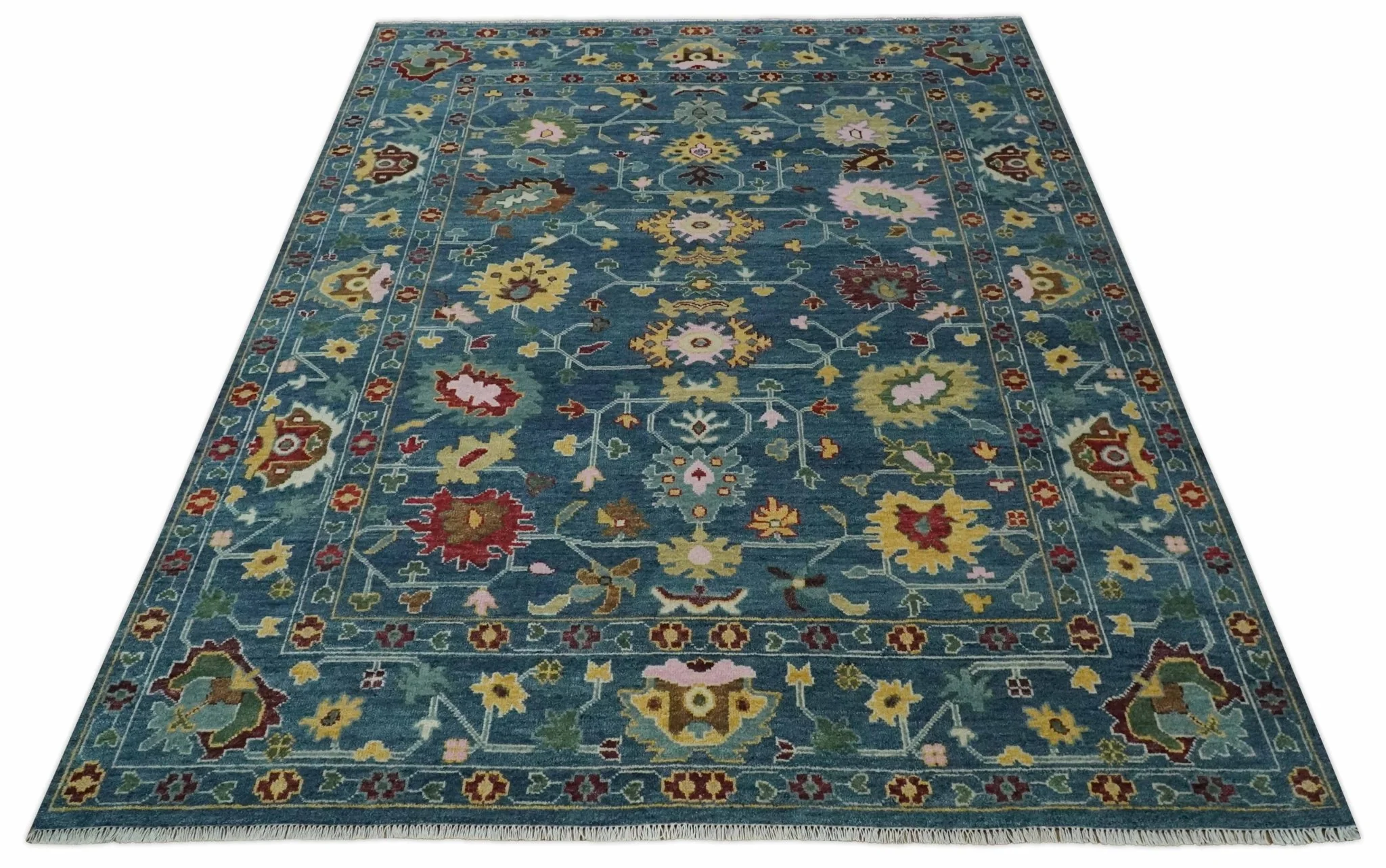 Vibrant Colorful Hand knotted Teal, Gold And Maroon 9x12 wool Area Rug - Image 11