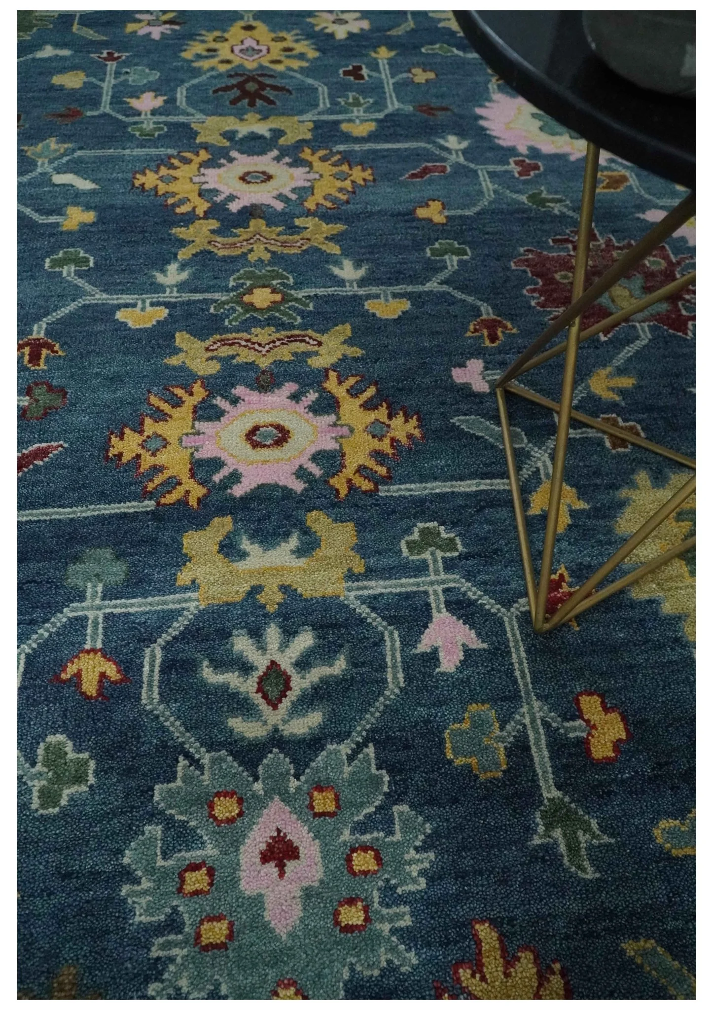 Vibrant Colorful Hand knotted Teal, Gold And Maroon 9x12 wool Area Rug - Image 2