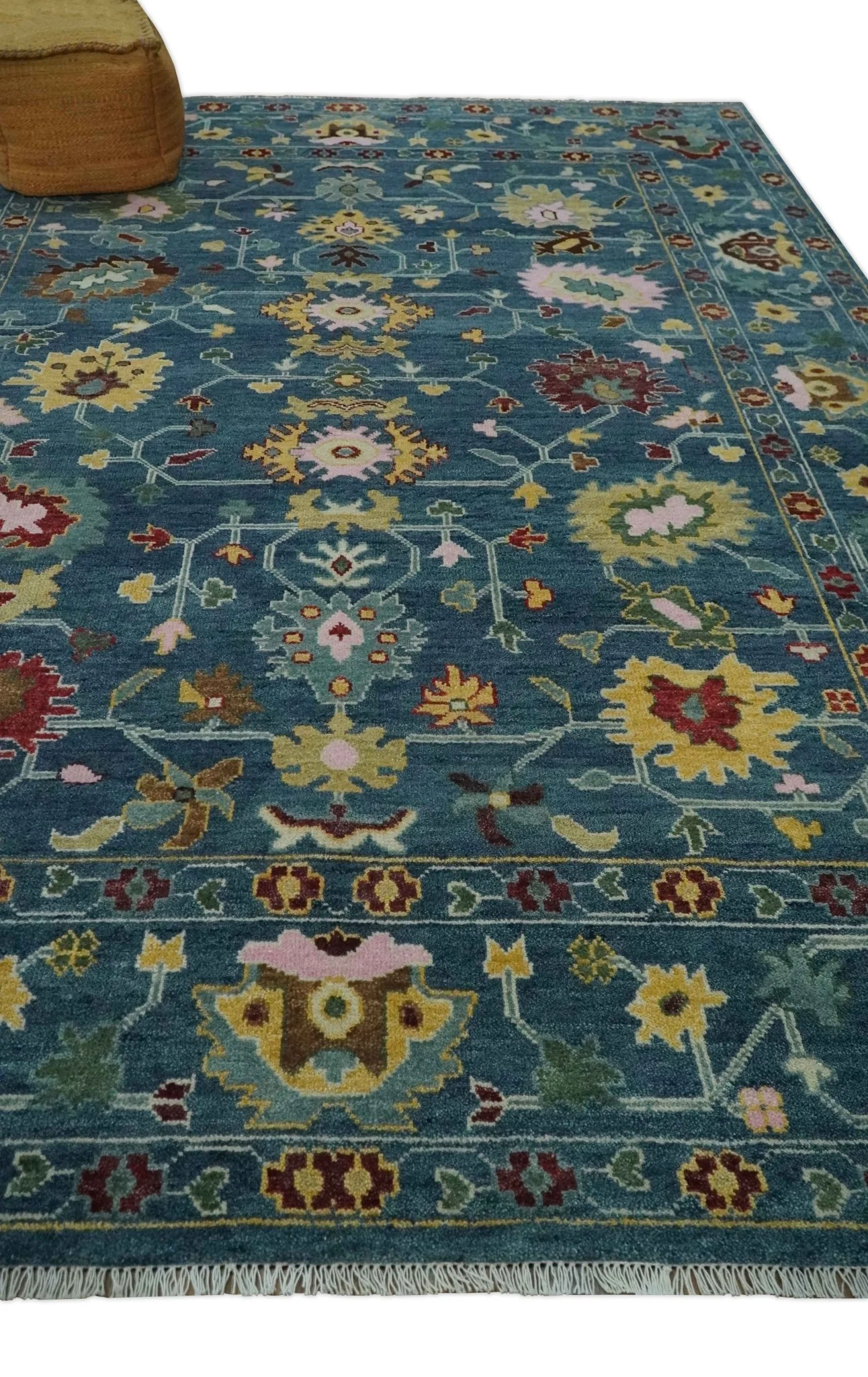 Vibrant Colorful Hand knotted Teal, Gold And Maroon 9x12 wool Area Rug - Image 3