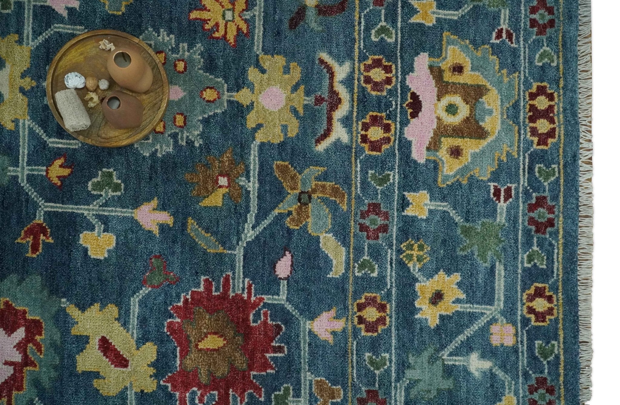 Vibrant Colorful Hand knotted Teal, Gold And Maroon 9x12 wool Area Rug - Image 4