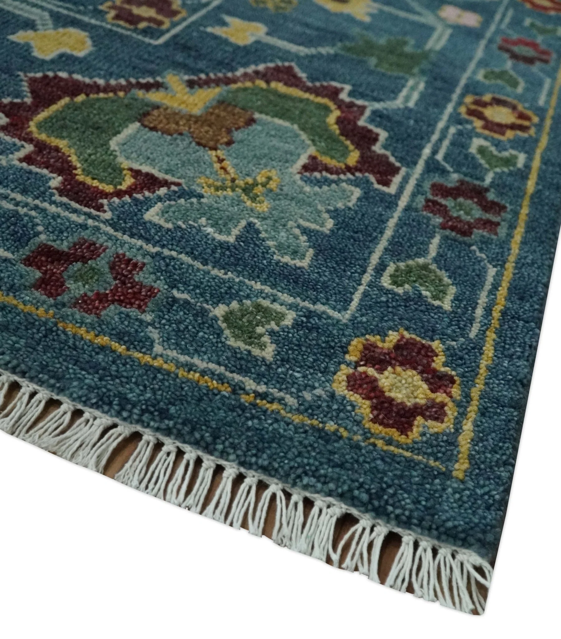 Vibrant Colorful Hand knotted Teal, Gold And Maroon 9x12 wool Area Rug - Image 5
