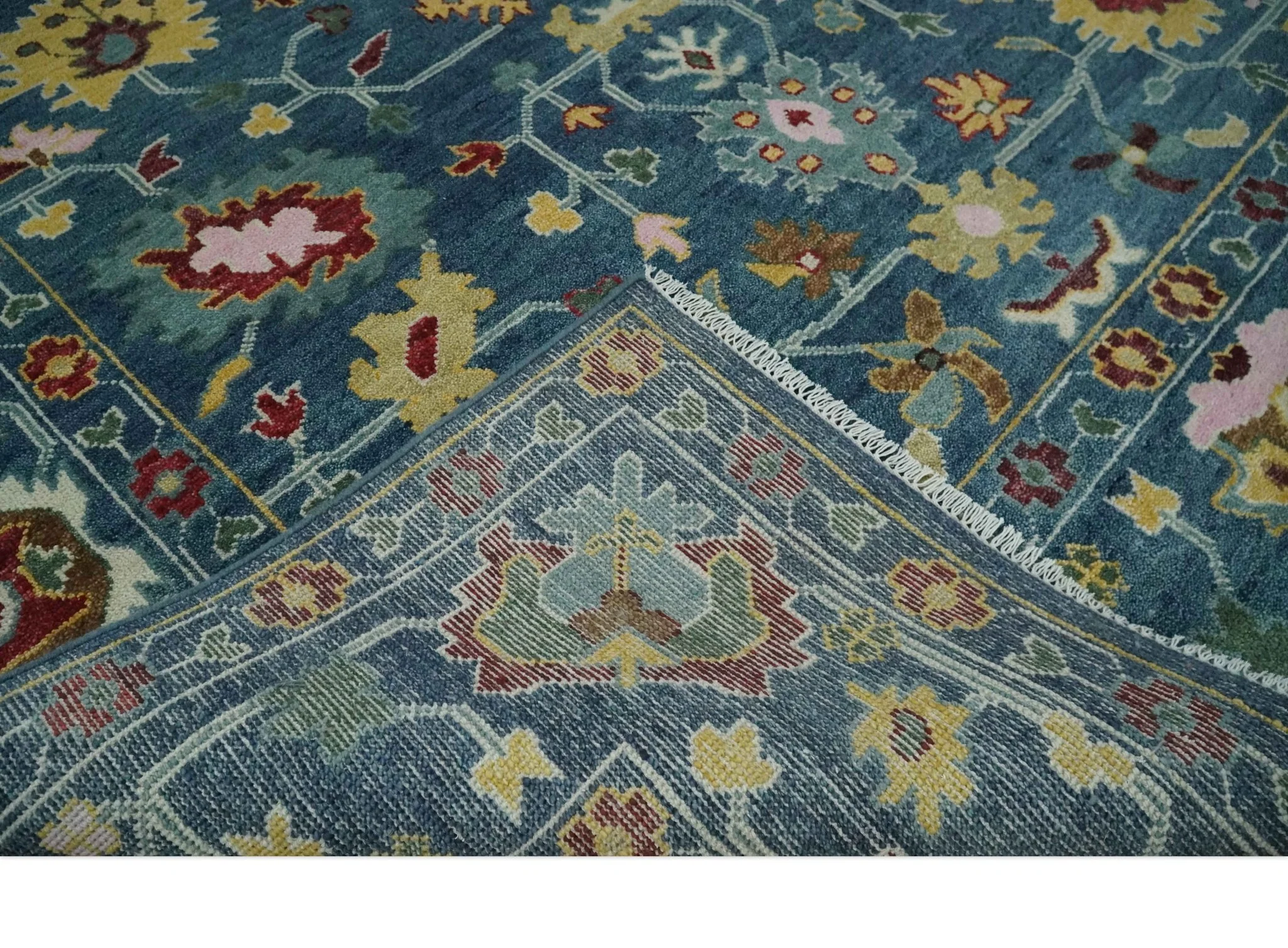 Vibrant Colorful Hand knotted Teal, Gold And Maroon 9x12 wool Area Rug - Image 6