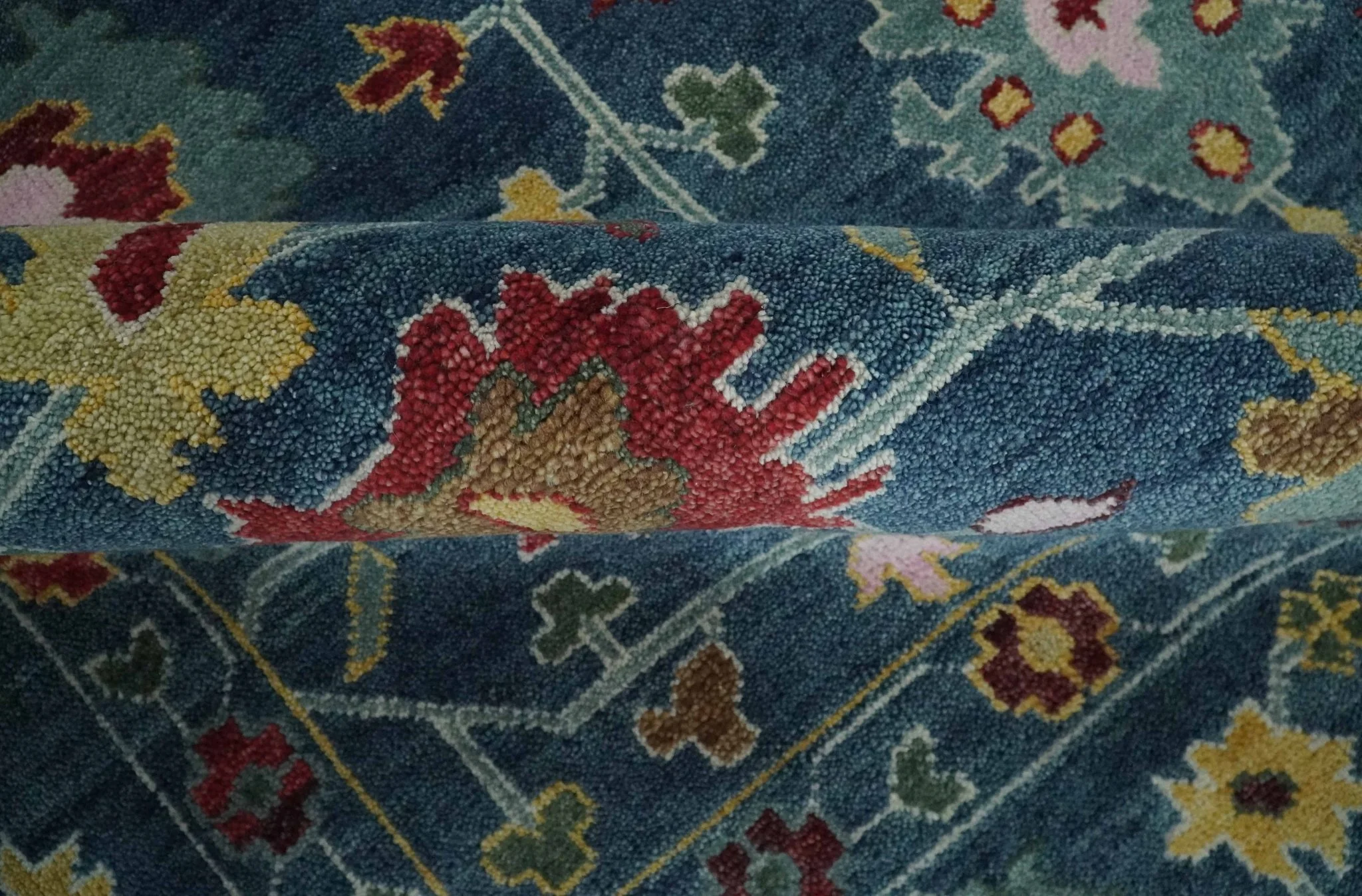 Vibrant Colorful Hand knotted Teal, Gold And Maroon 9x12 wool Area Rug - Image 7
