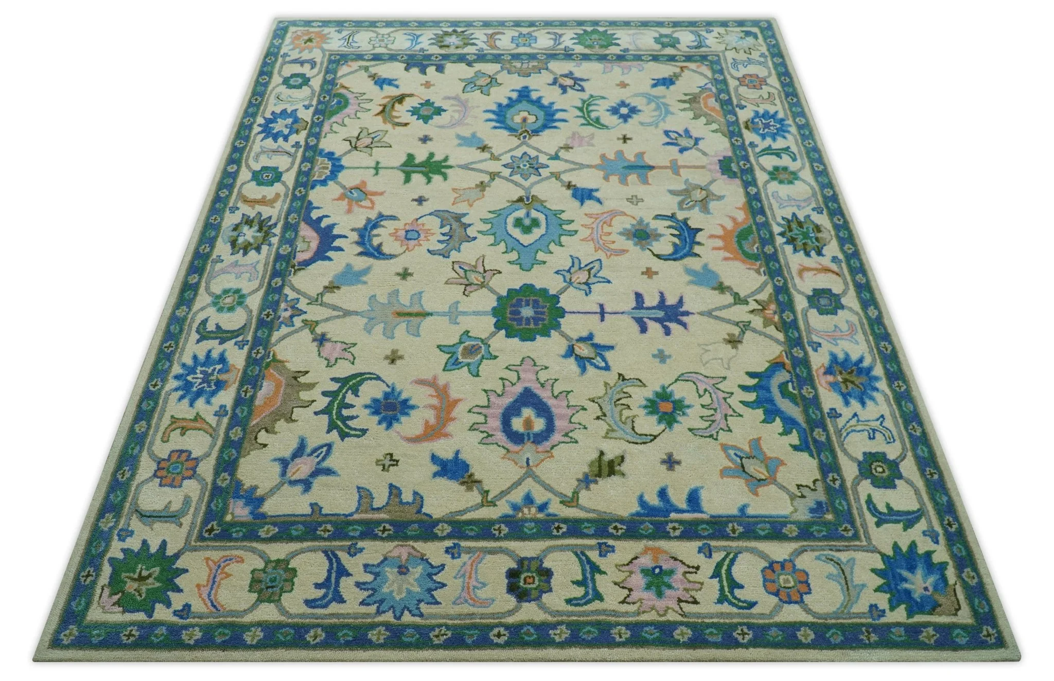 Vibrant Colorful Ivory and Blue Oriental Oushak Hand Tufted Multi Size area rug - Image 10