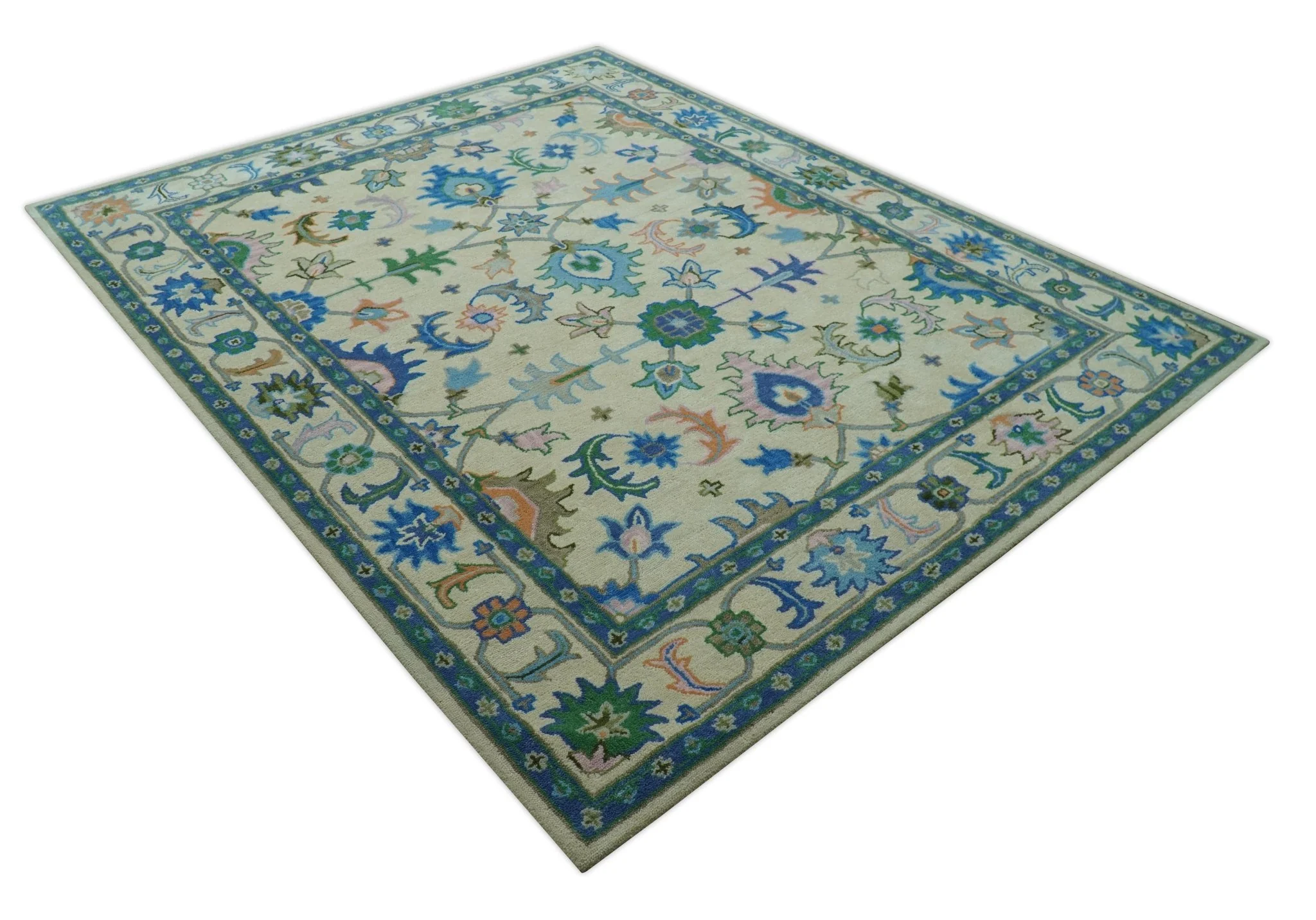 Vibrant Colorful Ivory and Blue Oriental Oushak Hand Tufted Multi Size area rug - Image 9