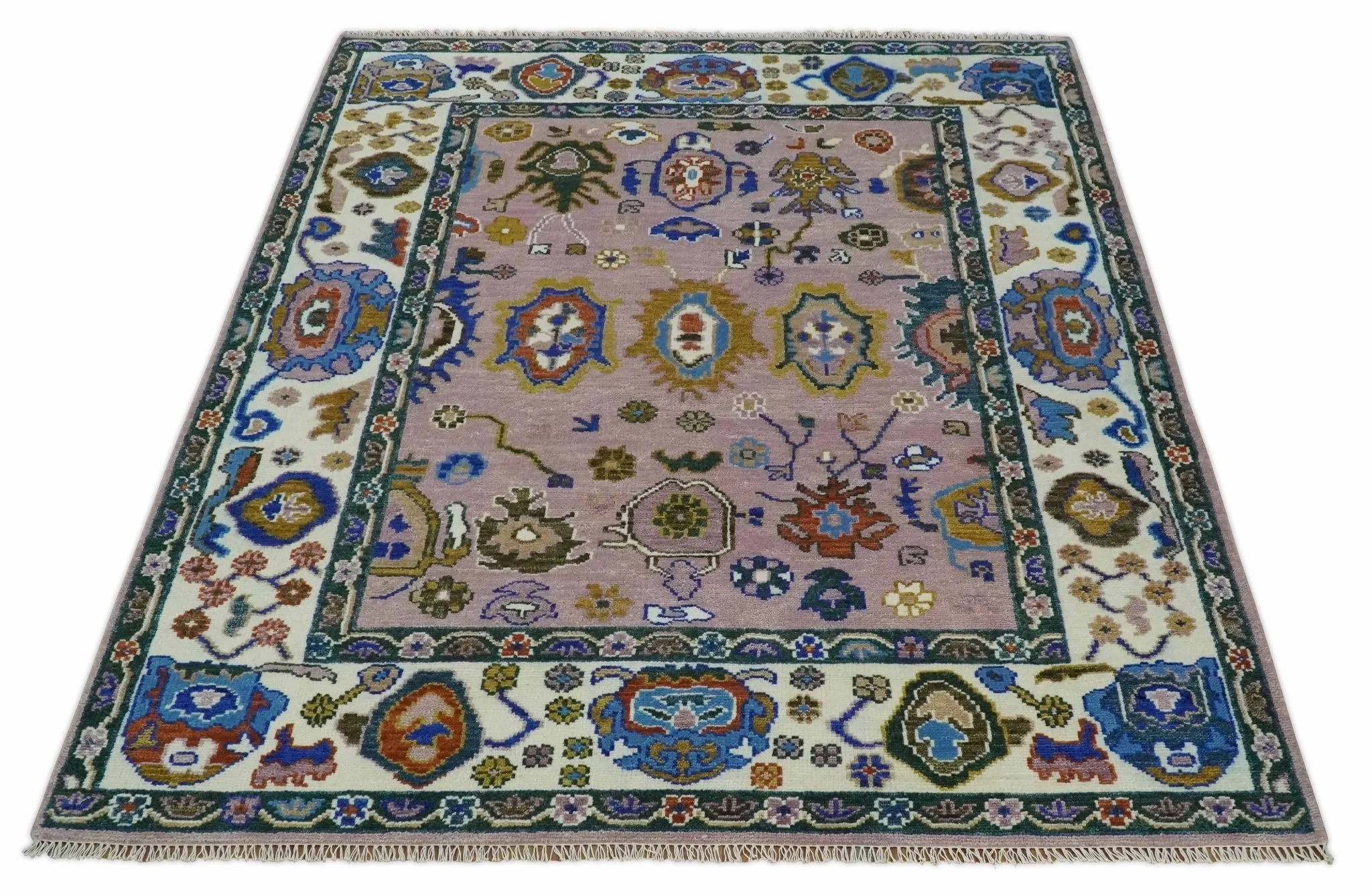 Light Purple, Ivory and Blue Hand knotted Traditional Oushak Multi Size wool Area Rug - Image 11